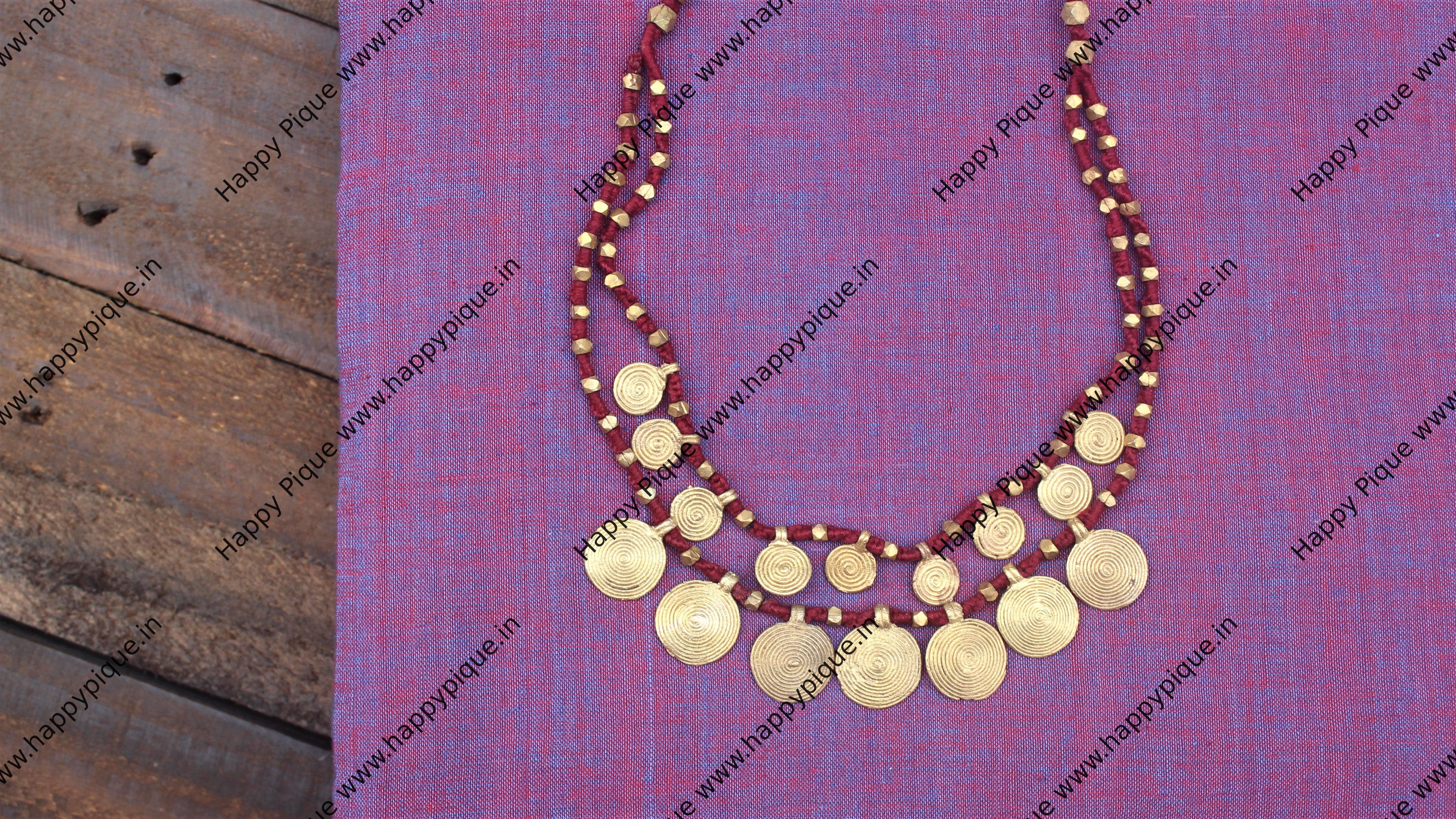 Two Layer Tribal Dhokra Spiral Coins Necklace - Maroon