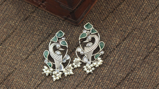 Silver Look Alike Premium Bird Earrings - Dark Green