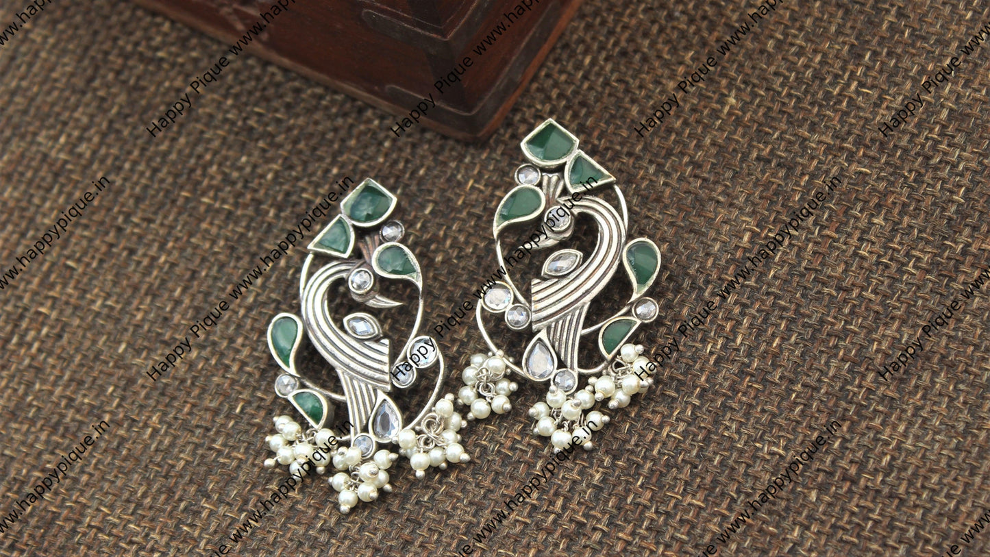 Silver Look Alike Premium Bird Earrings - Dark Green