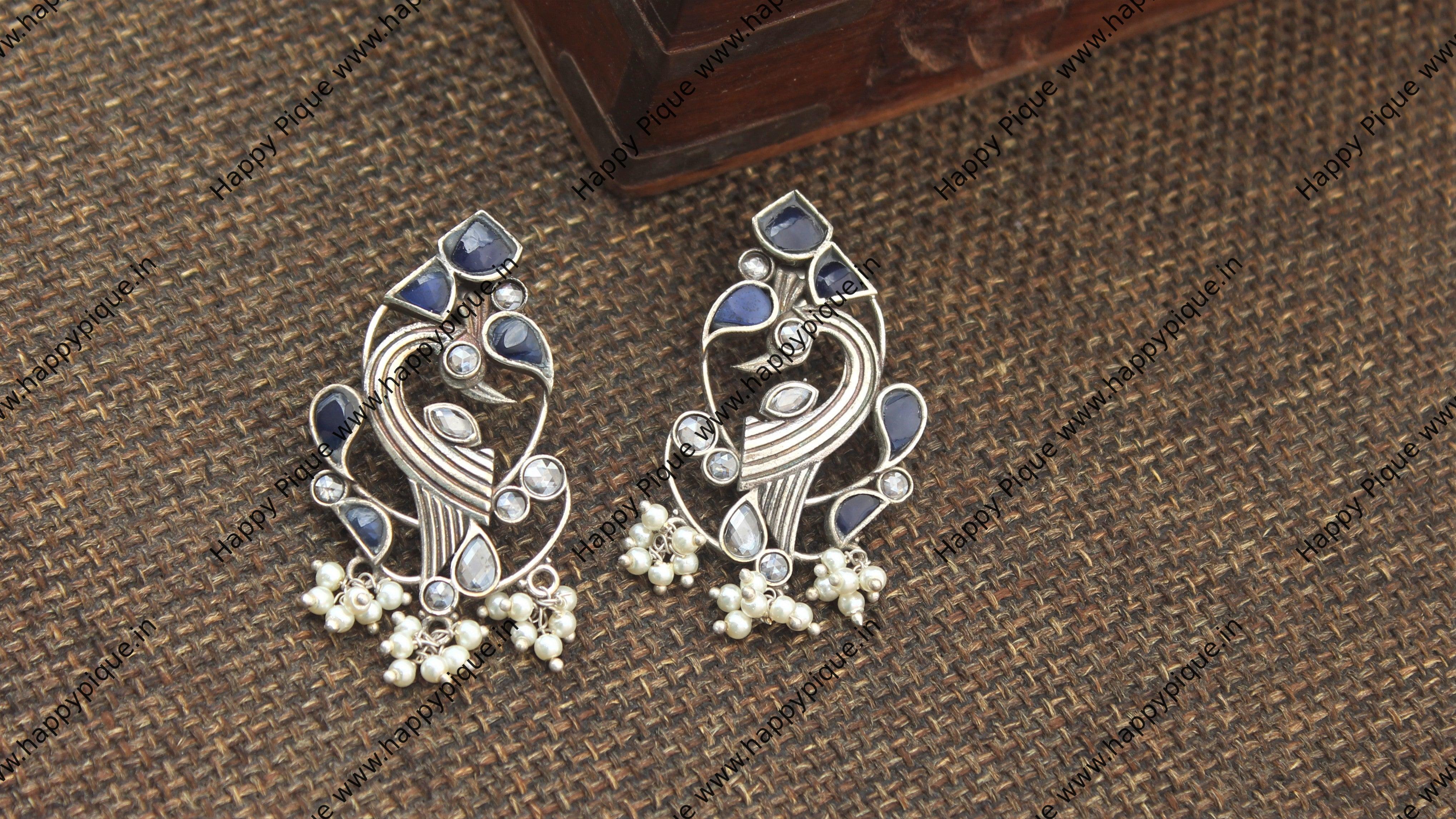 Silver Look Alike Premium Bird Earrings - Dark Blue