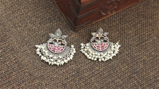 Premium Silver Look Alike Designer Baali Earrings - Red & White