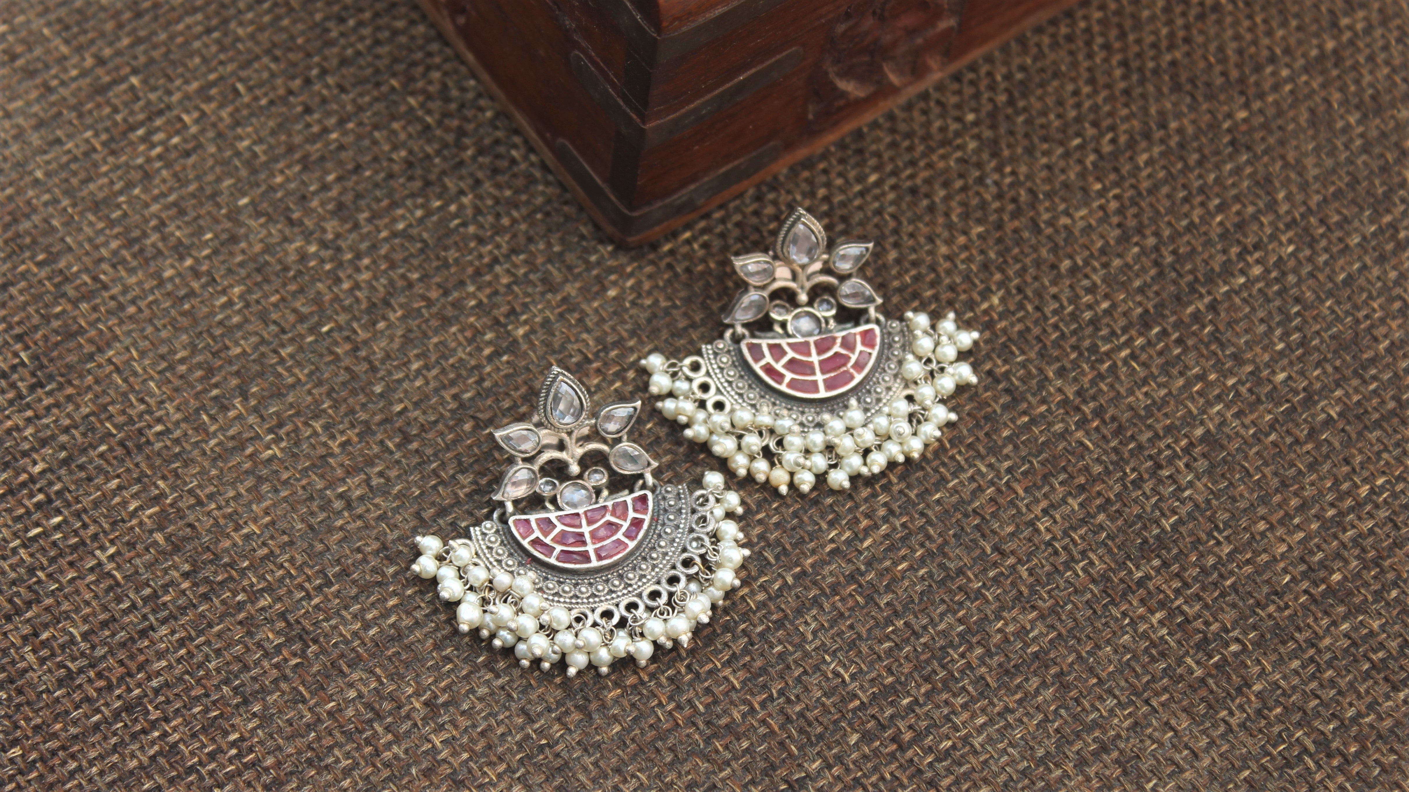 Premium Silver Look Alike Designer Baali Earrings - Red & White