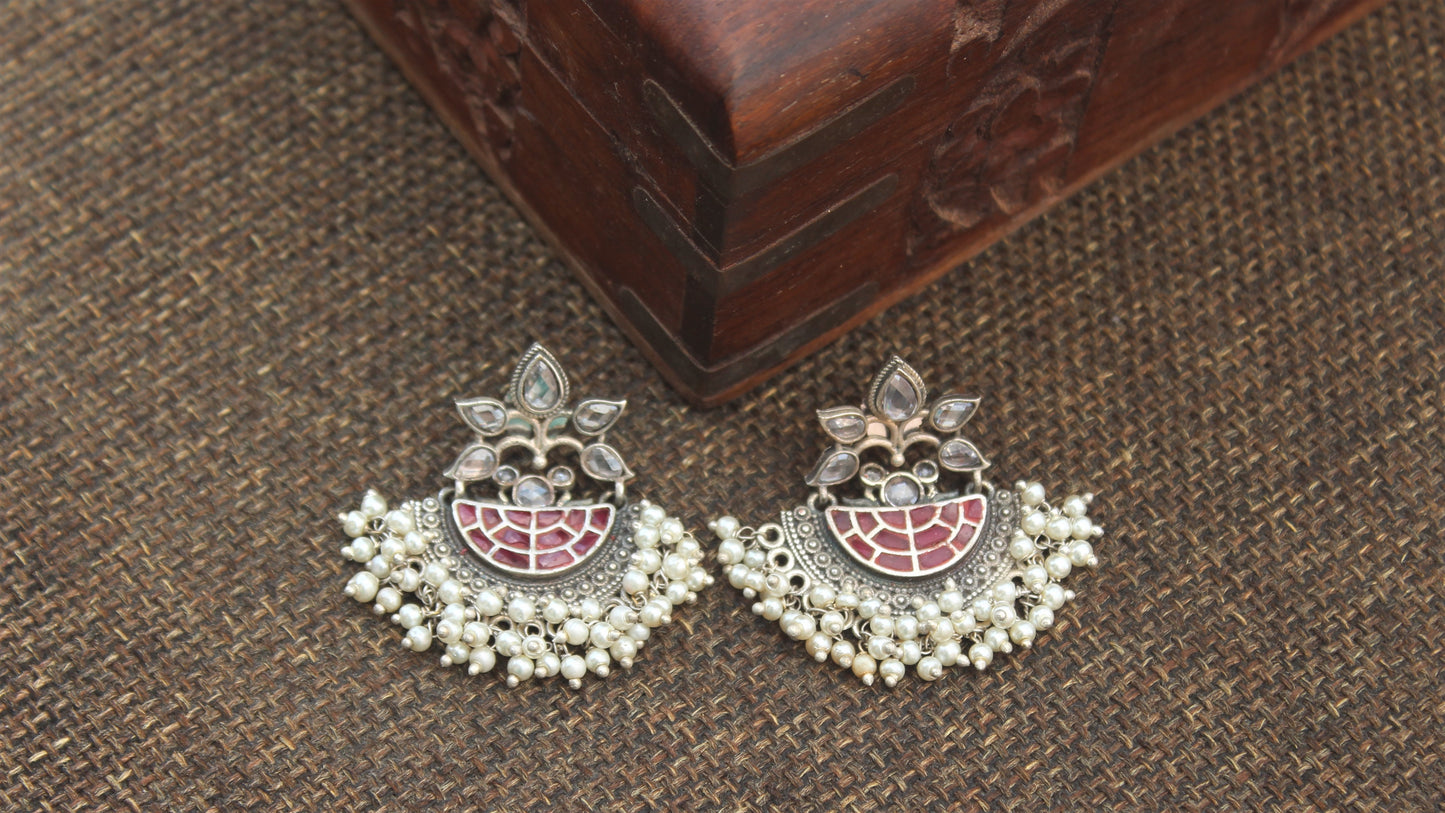 Premium Silver Look Alike Designer Baali Earrings - Red & White