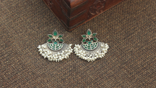 Premium Silver Look Alike Designer Chand Bali Earrings - Dark Green