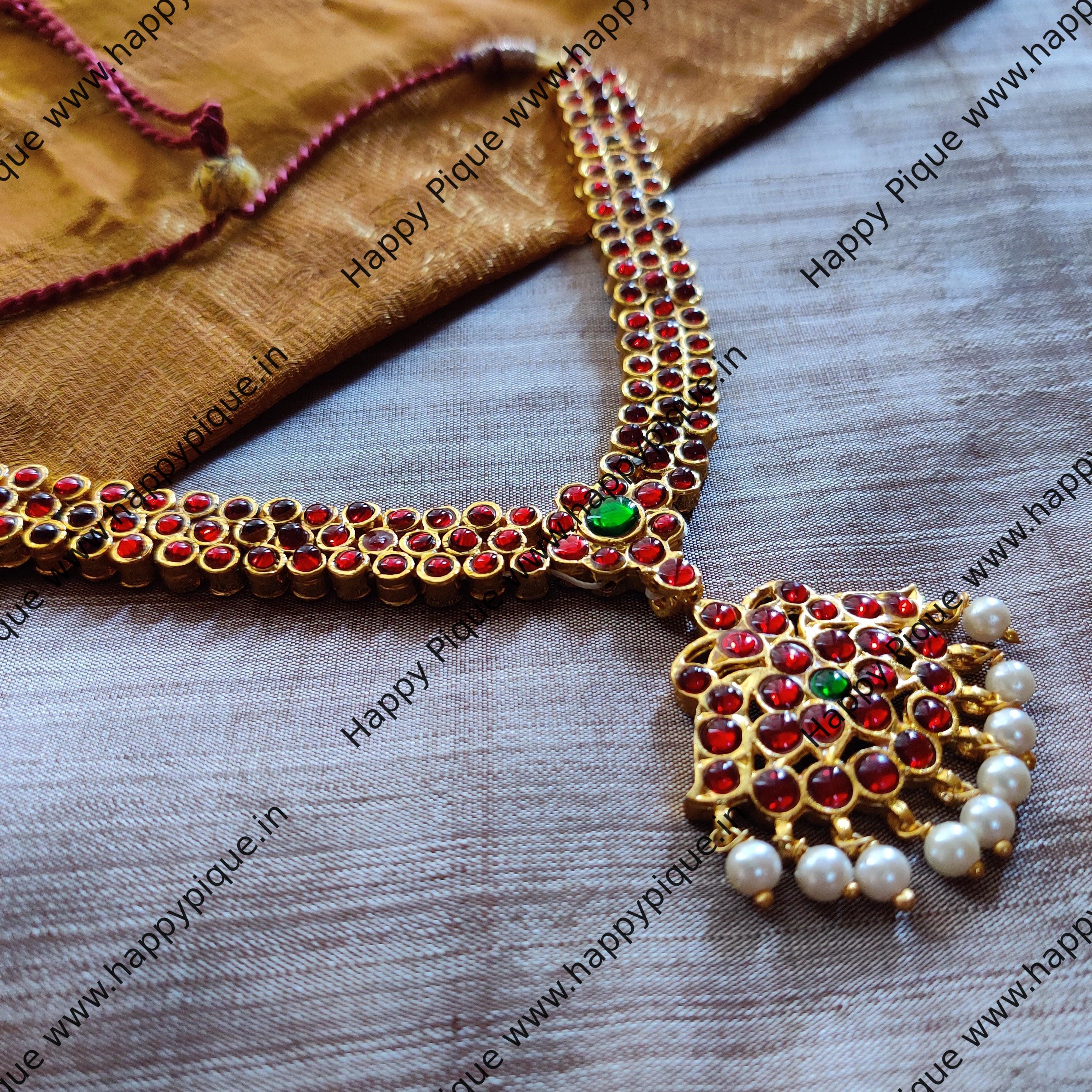 Traditional Mayuri Kemp Flower Necklace - Red & Green