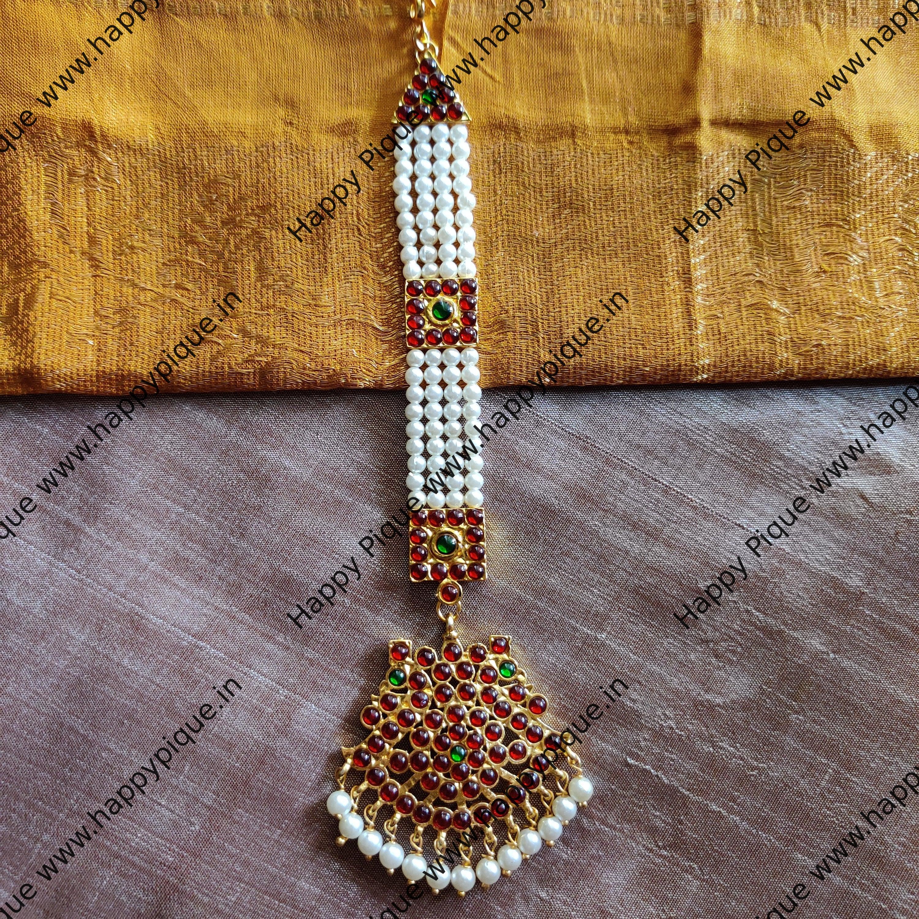 Traditional Kemp Bridal Mayuri Pearl Tikka - Chutti - Nethichutti