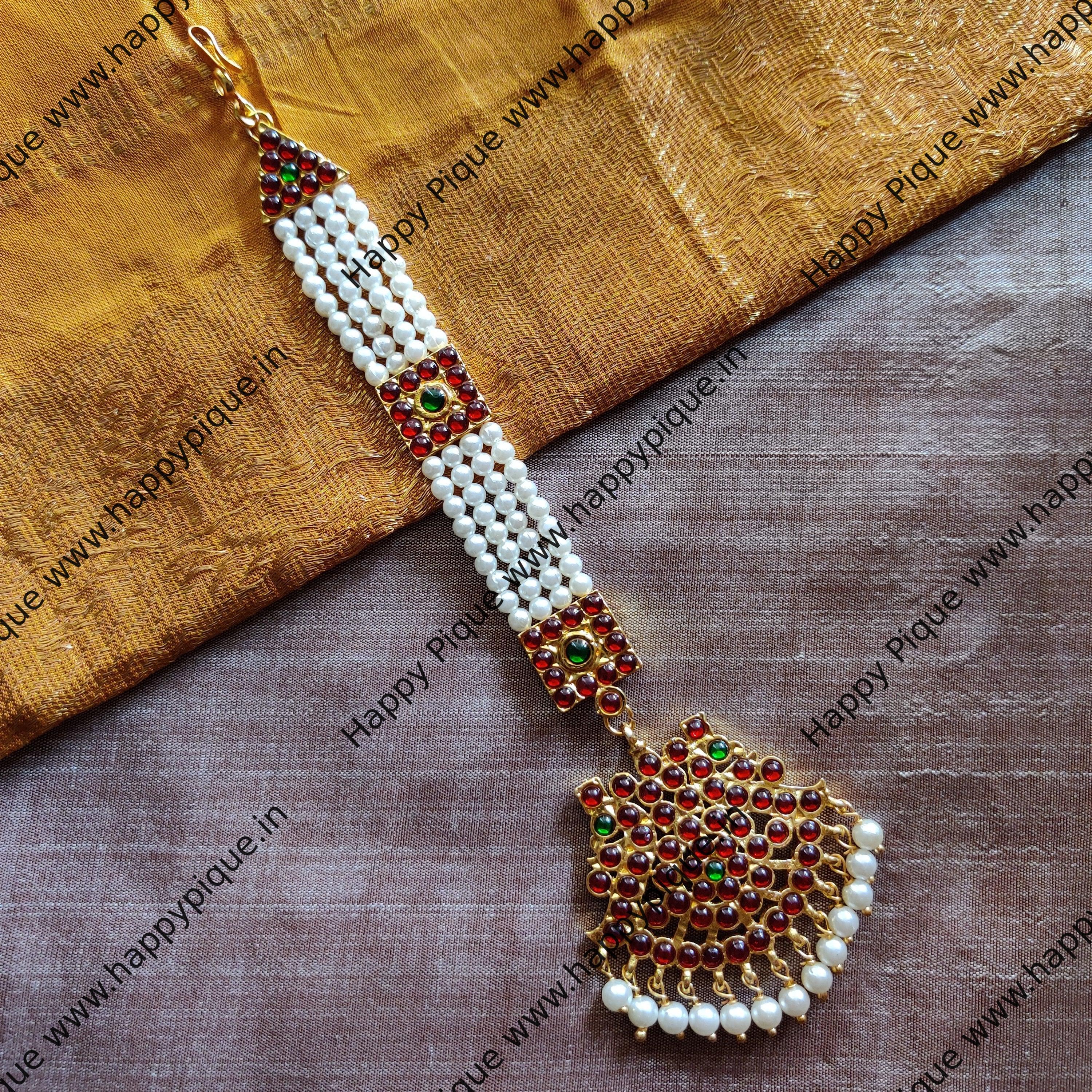 Traditional Kemp Bridal Mayuri Pearl Tikka - Chutti - Nethichutti