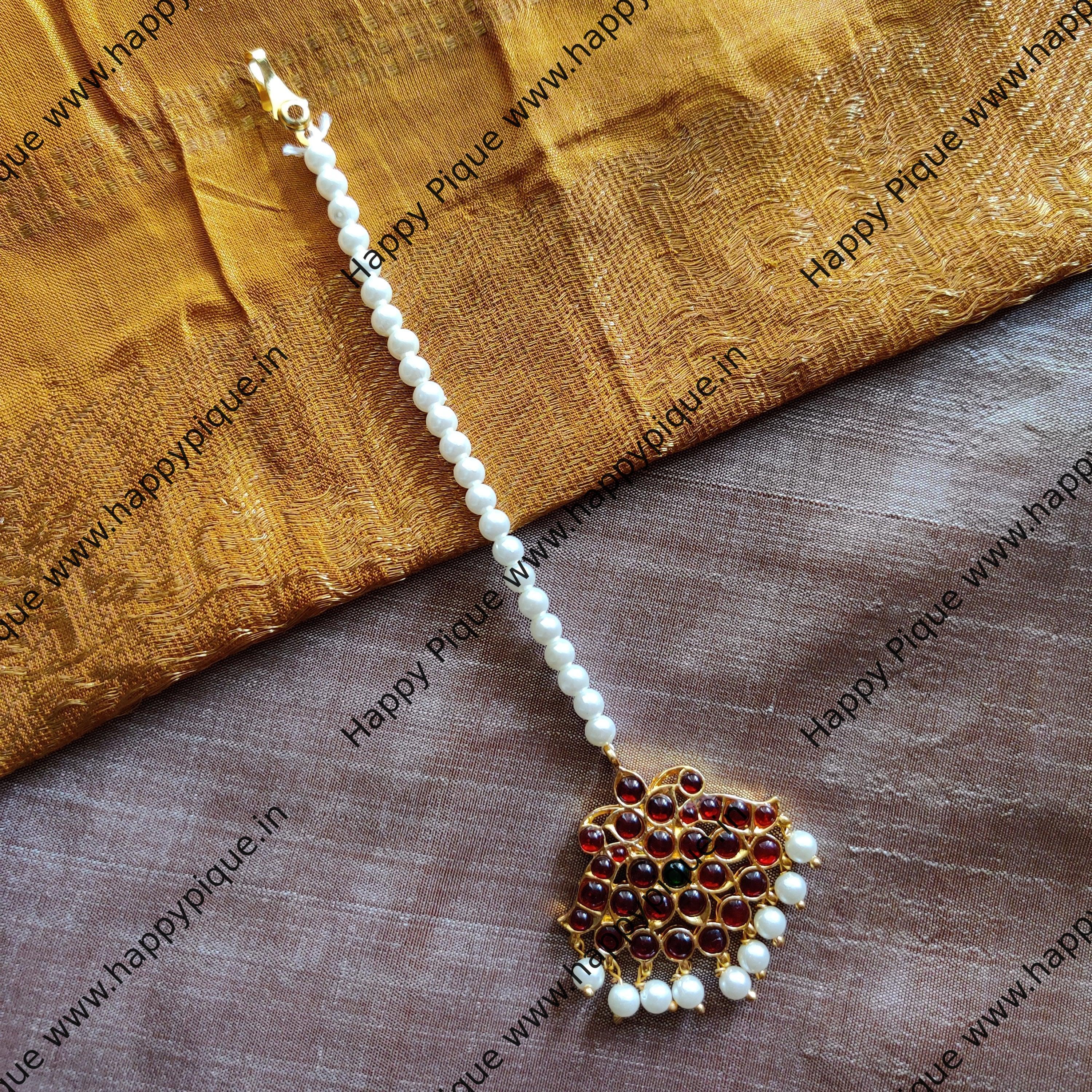 Simple Single Pearl Line Mayuri Kemp Tikka - Nethichutti