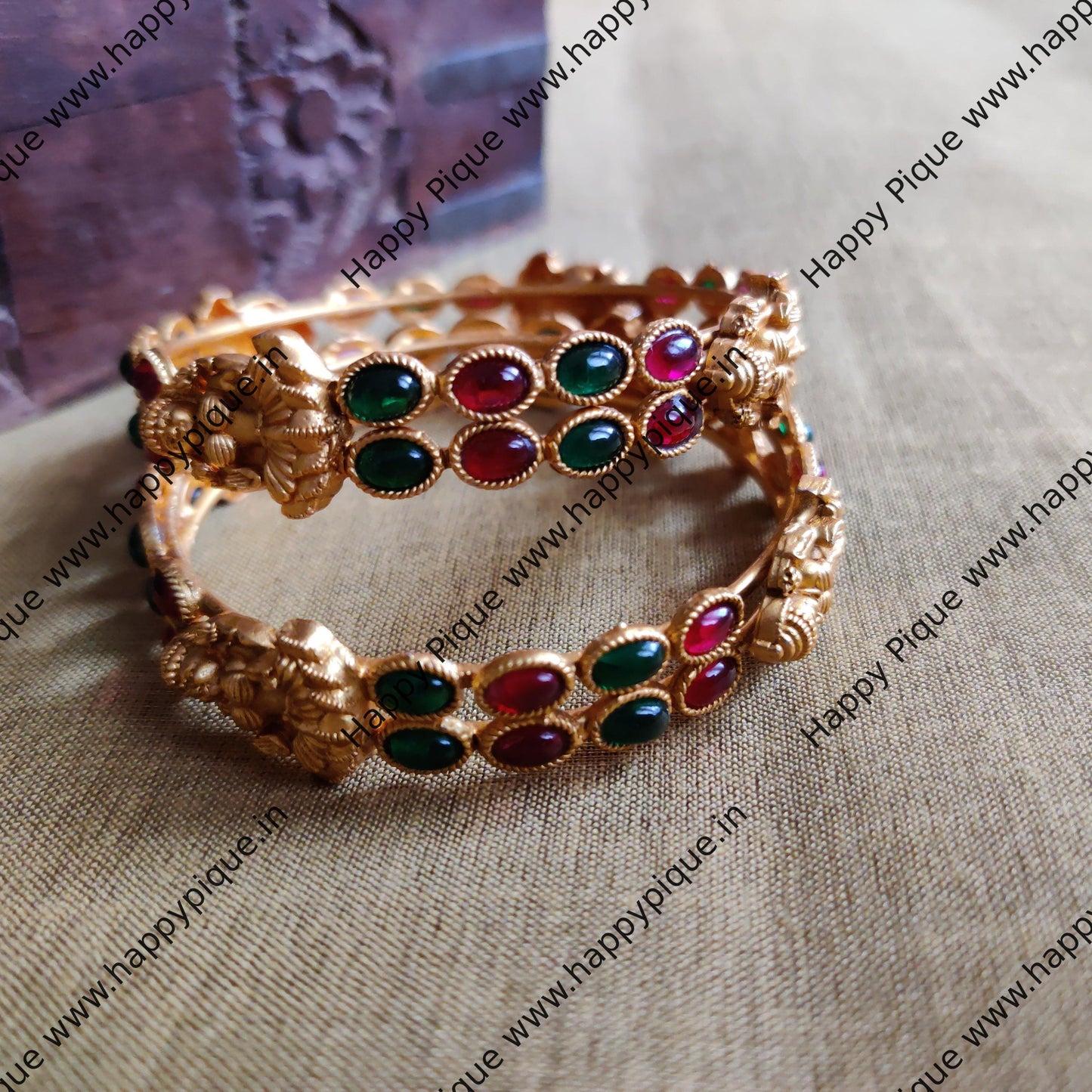 Matte Finish Two Layer Mahalakshmi Kemp Bangles - Size:2.6