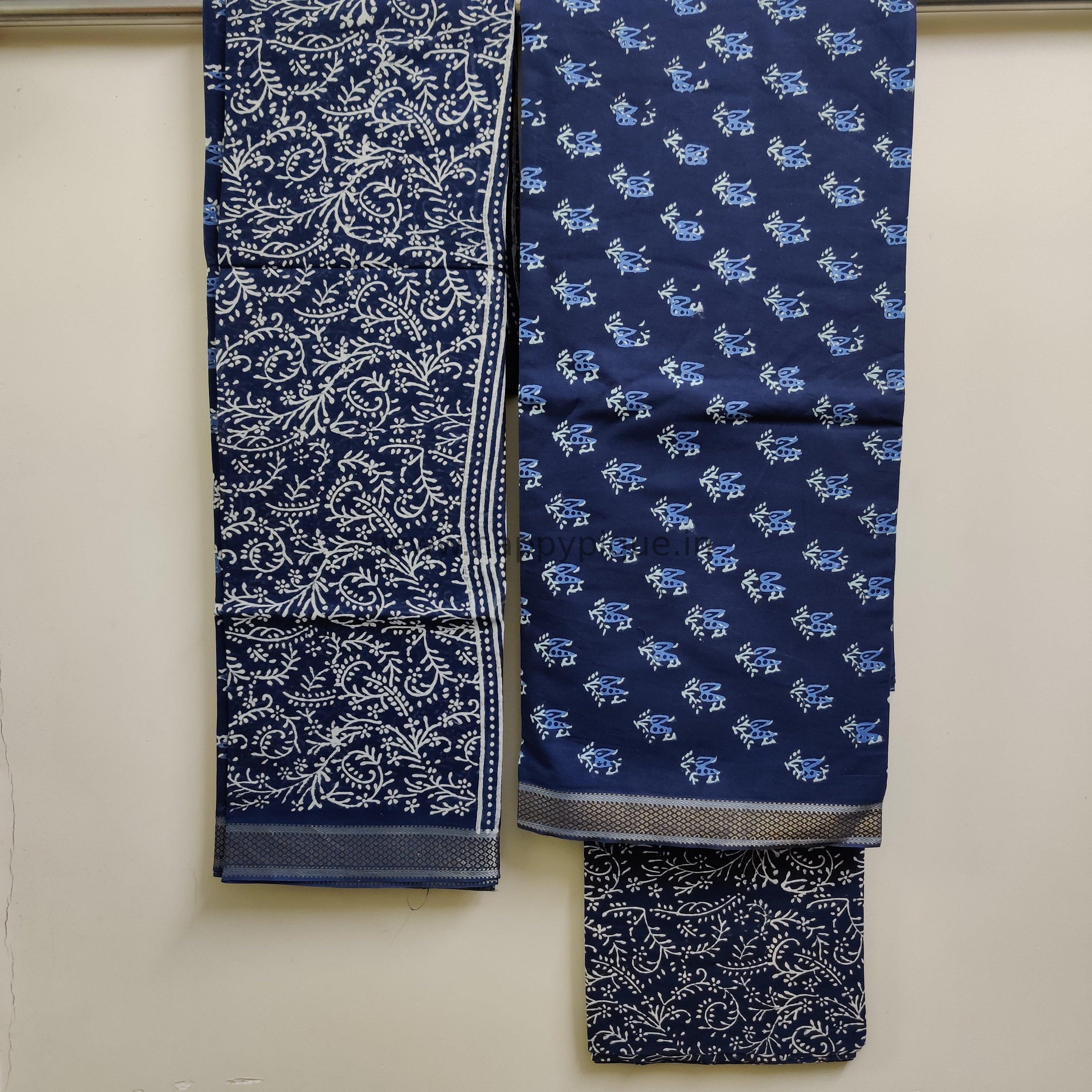 Resham Border Hand Block Printed Unstitched Cotton Suit Fabric - Indigo