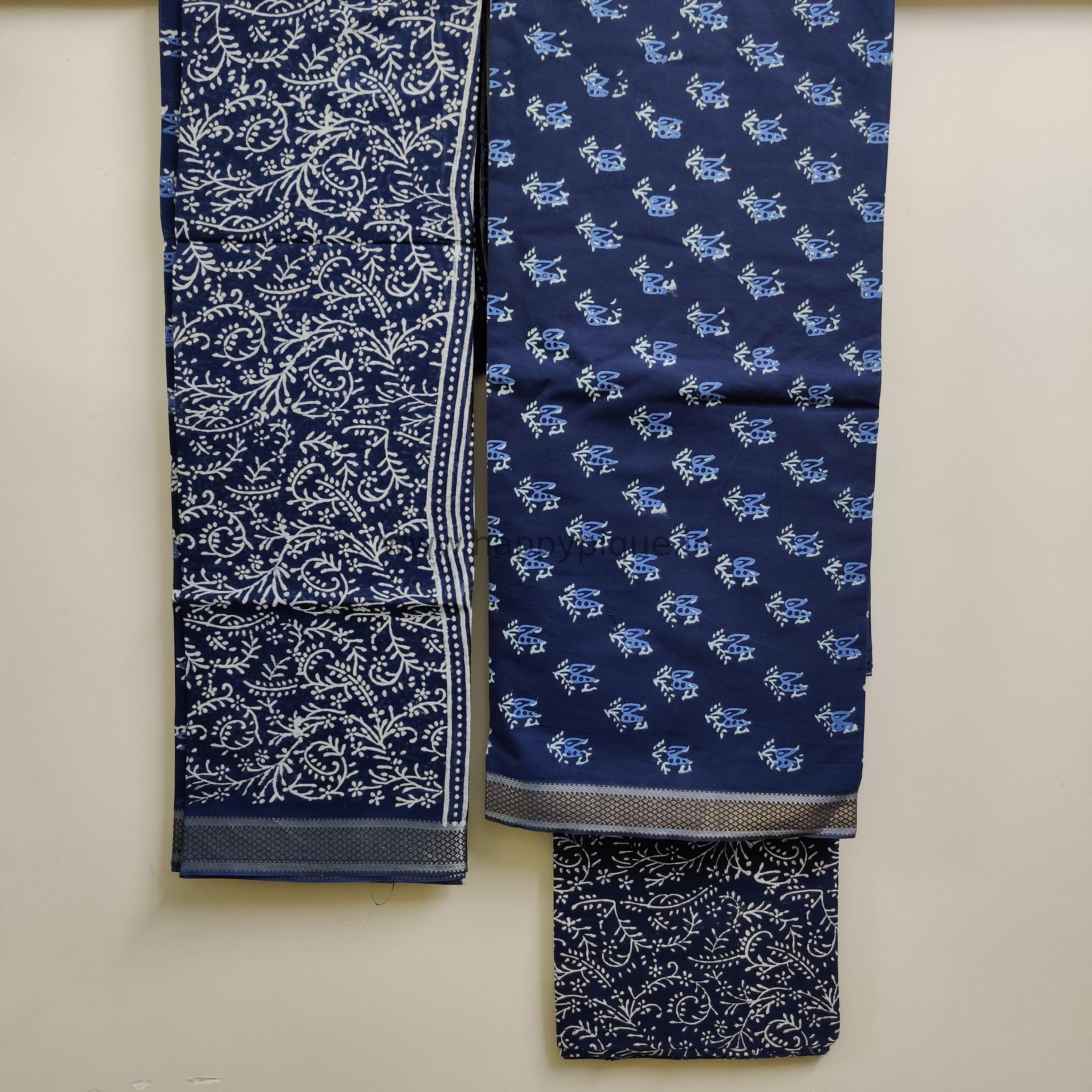 Resham Border Hand Block Printed Unstitched Cotton Suit Fabric - Indigo