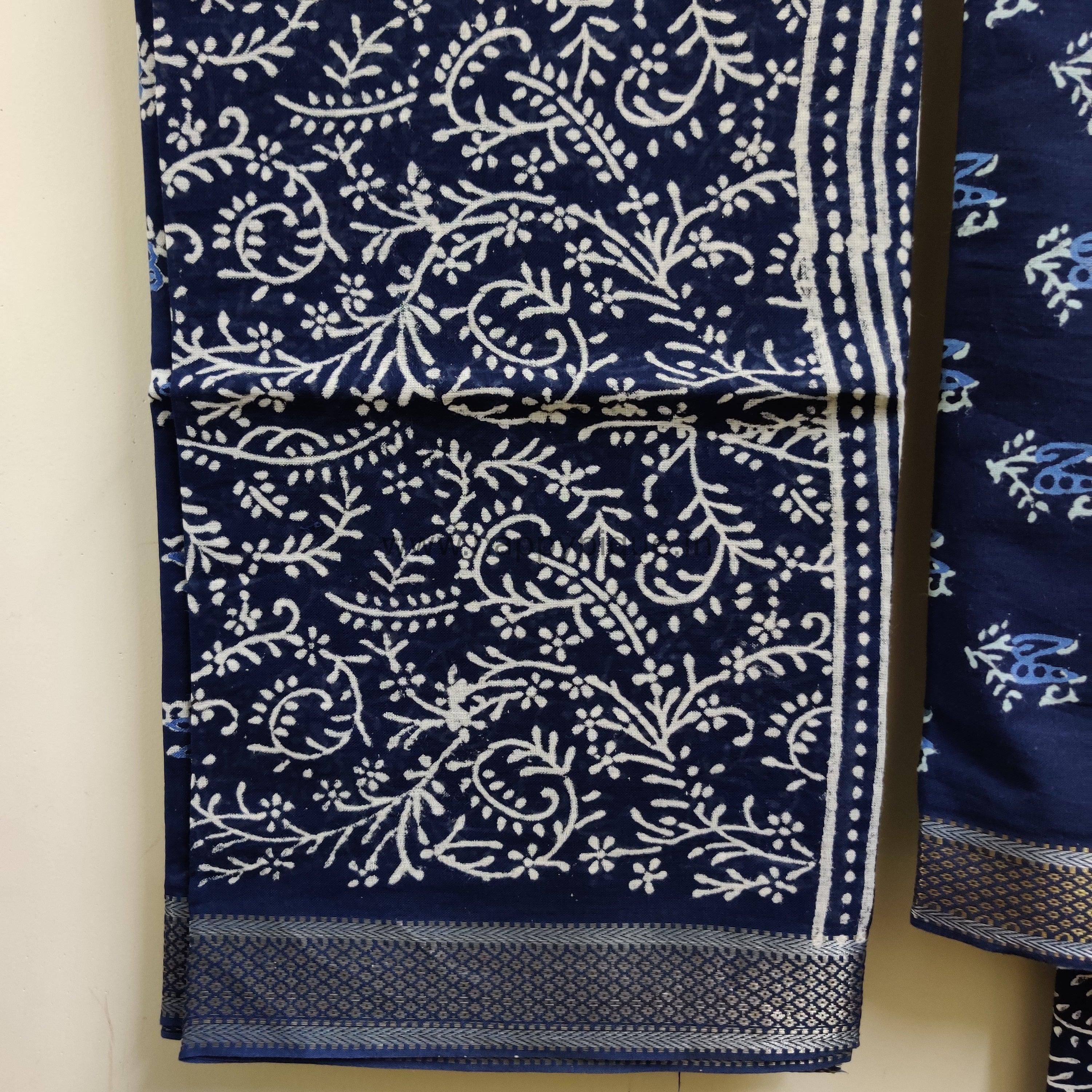 Resham Border Hand Block Printed Unstitched Cotton Suit Fabric - Indigo