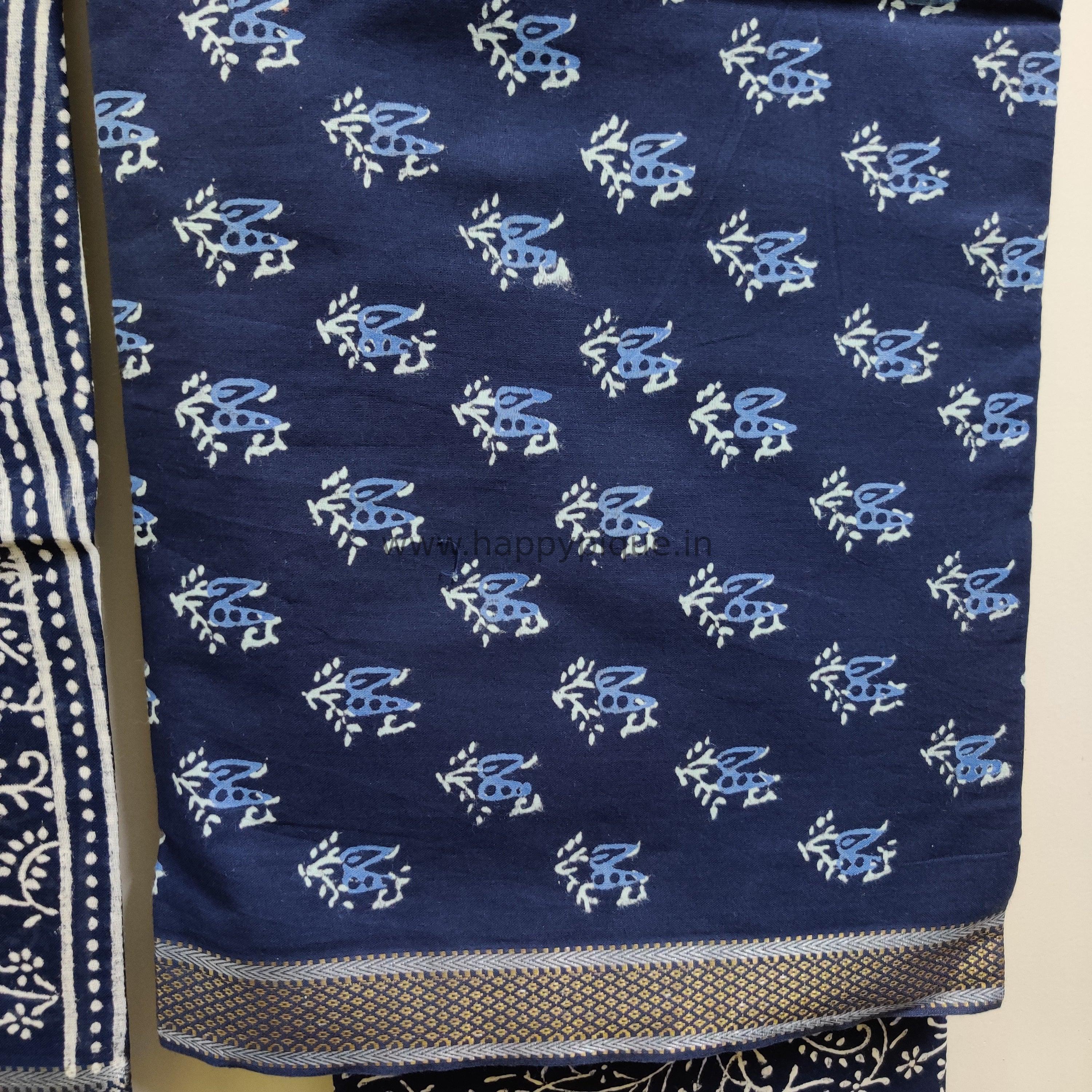 Resham Border Hand Block Printed Unstitched Cotton Suit Fabric - Indigo