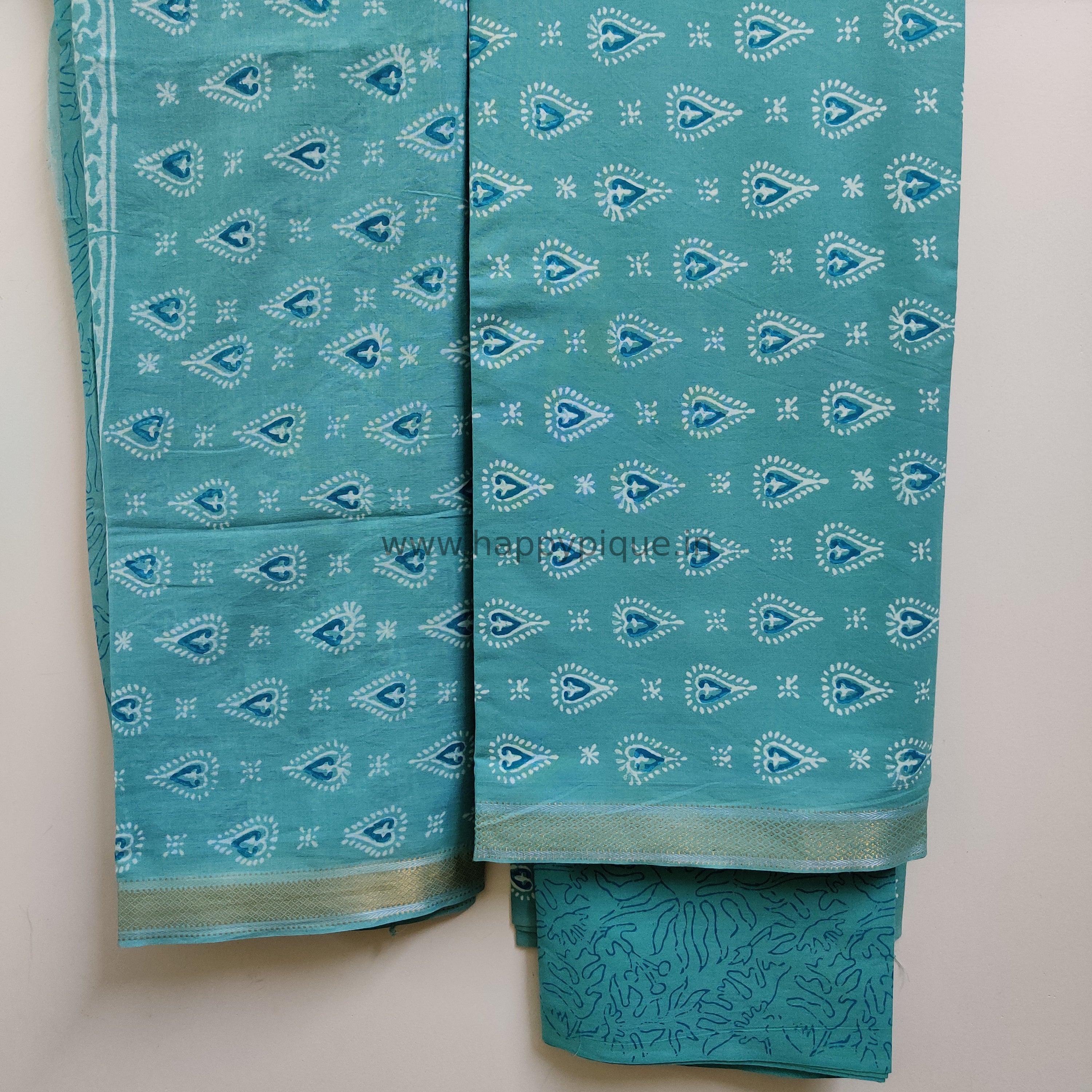 Resham Border Hand Block Printed Unstitched Cotton Suit Fabric - Sea Green