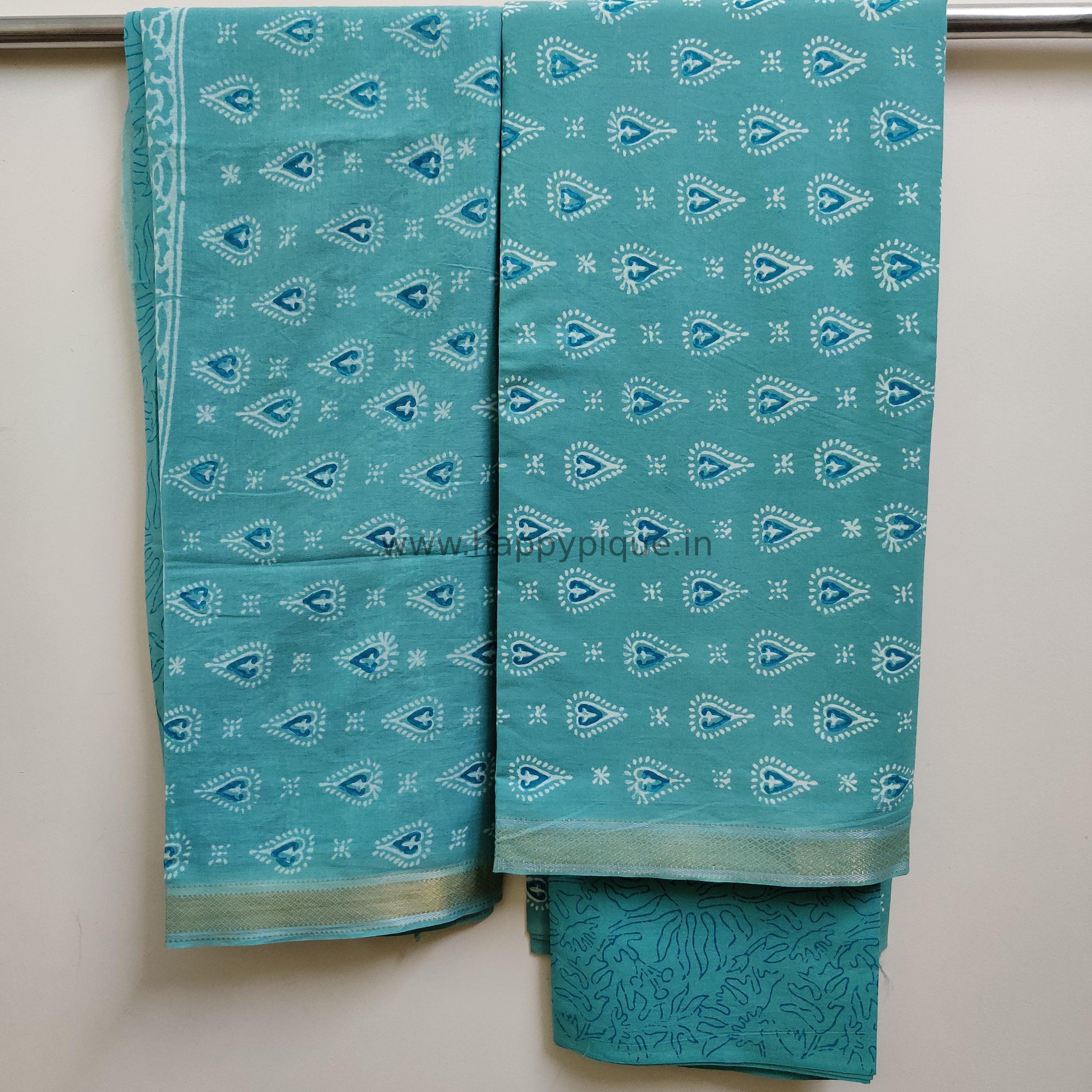 Resham Border Hand Block Printed Unstitched Cotton Suit Fabric - Sea Green