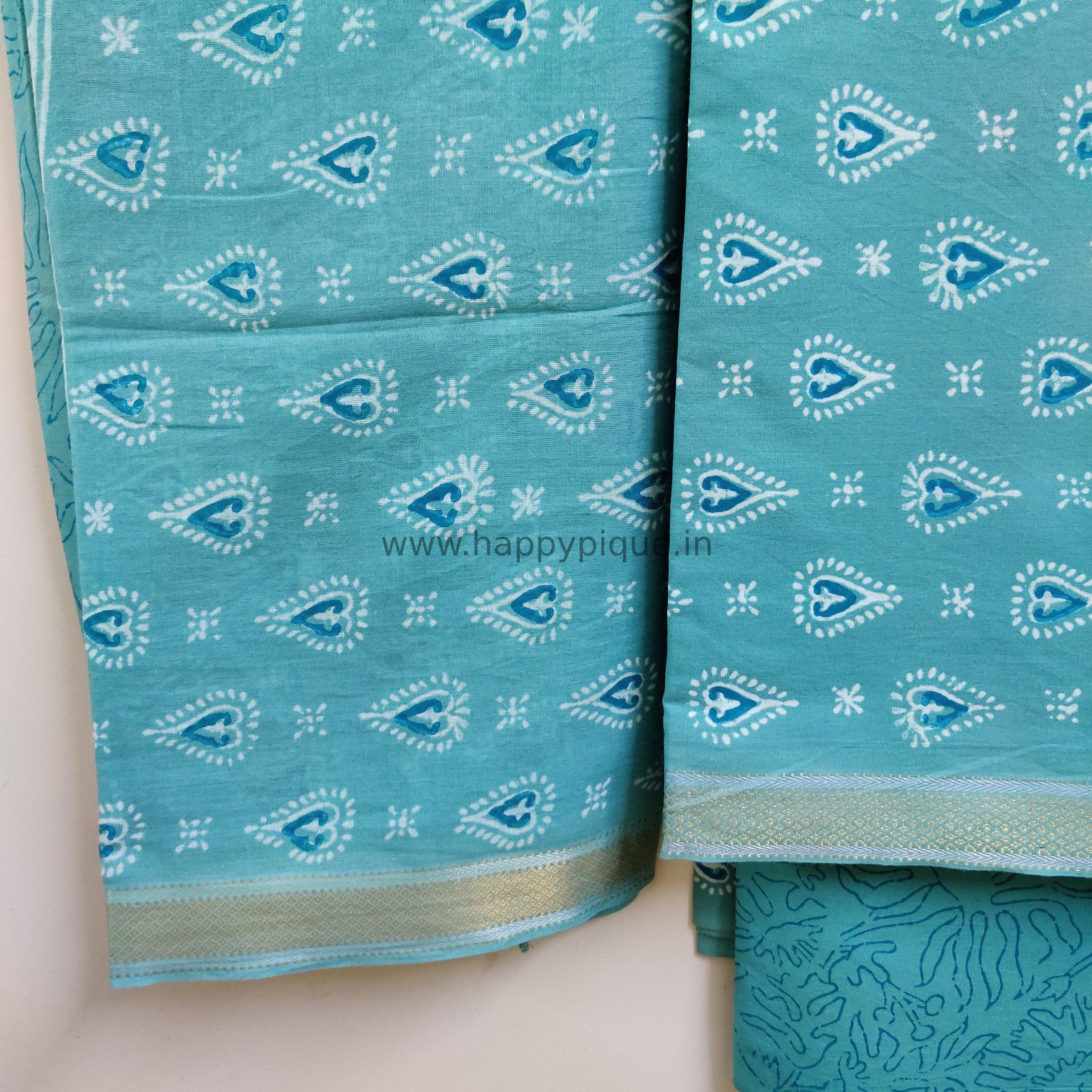 Resham Border Hand Block Printed Unstitched Cotton Suit Fabric - Sea Green