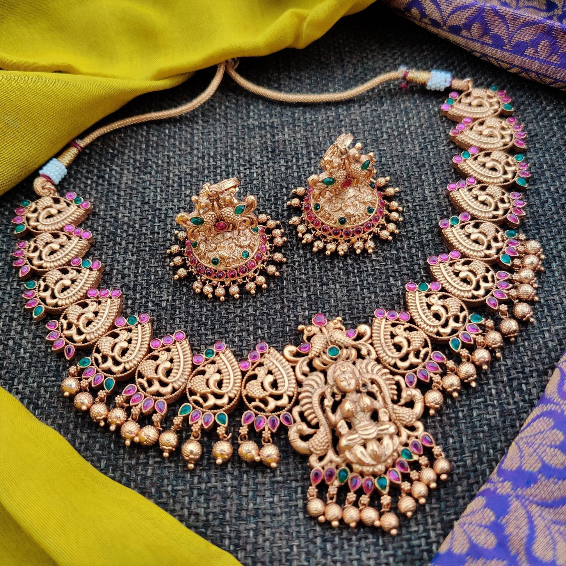 Matte Finish Annapakshi Mahalakshmi Designer Cut Work Necklace set - happy Pique