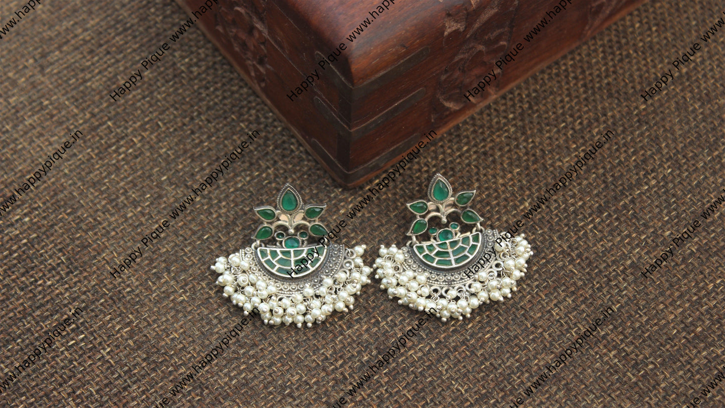 Premium Silver Look Alike Designer Chand Bali Earrings - Dark Green