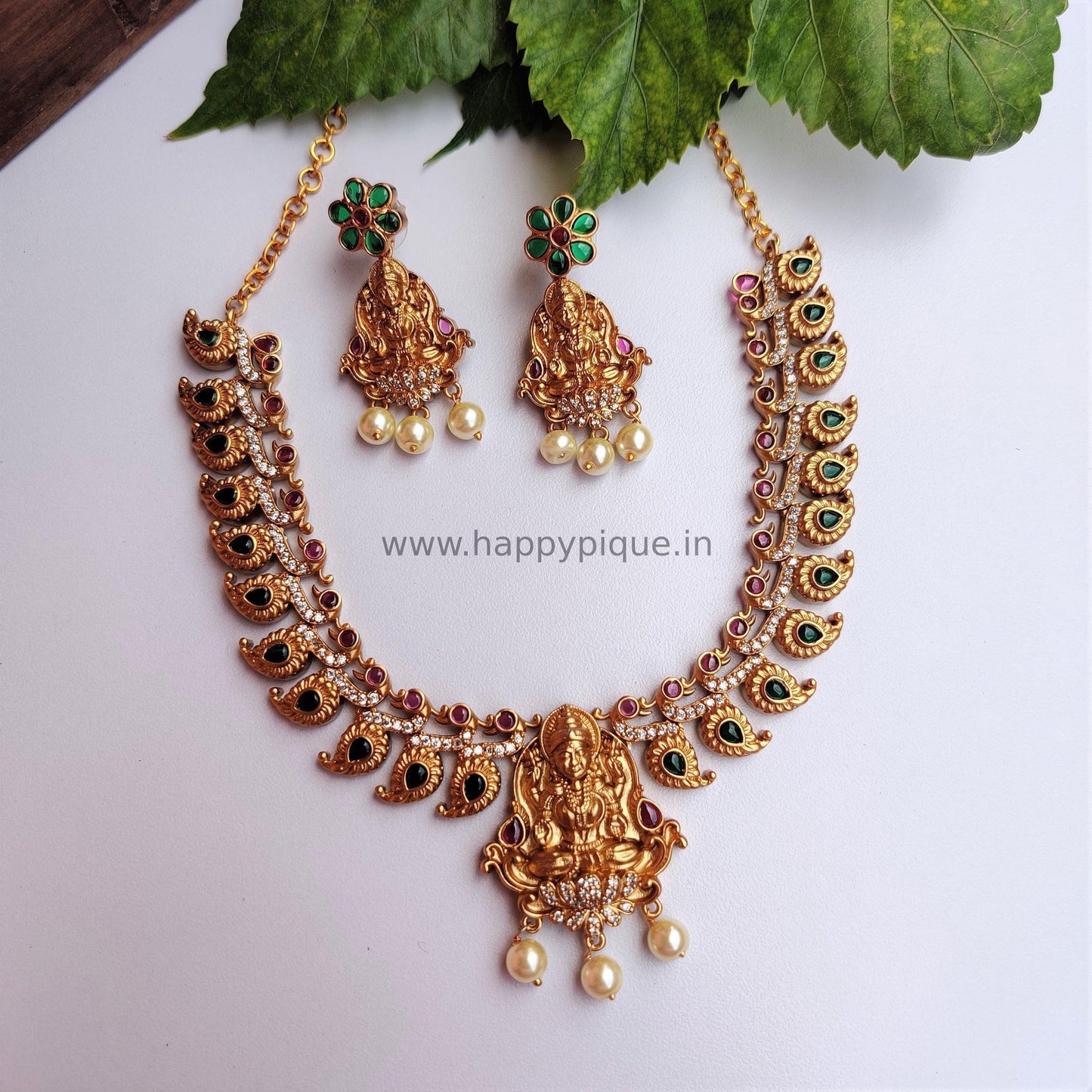 Antique Gold AD Kemp Mahalakshmi Necklace Set- Happy Pique 