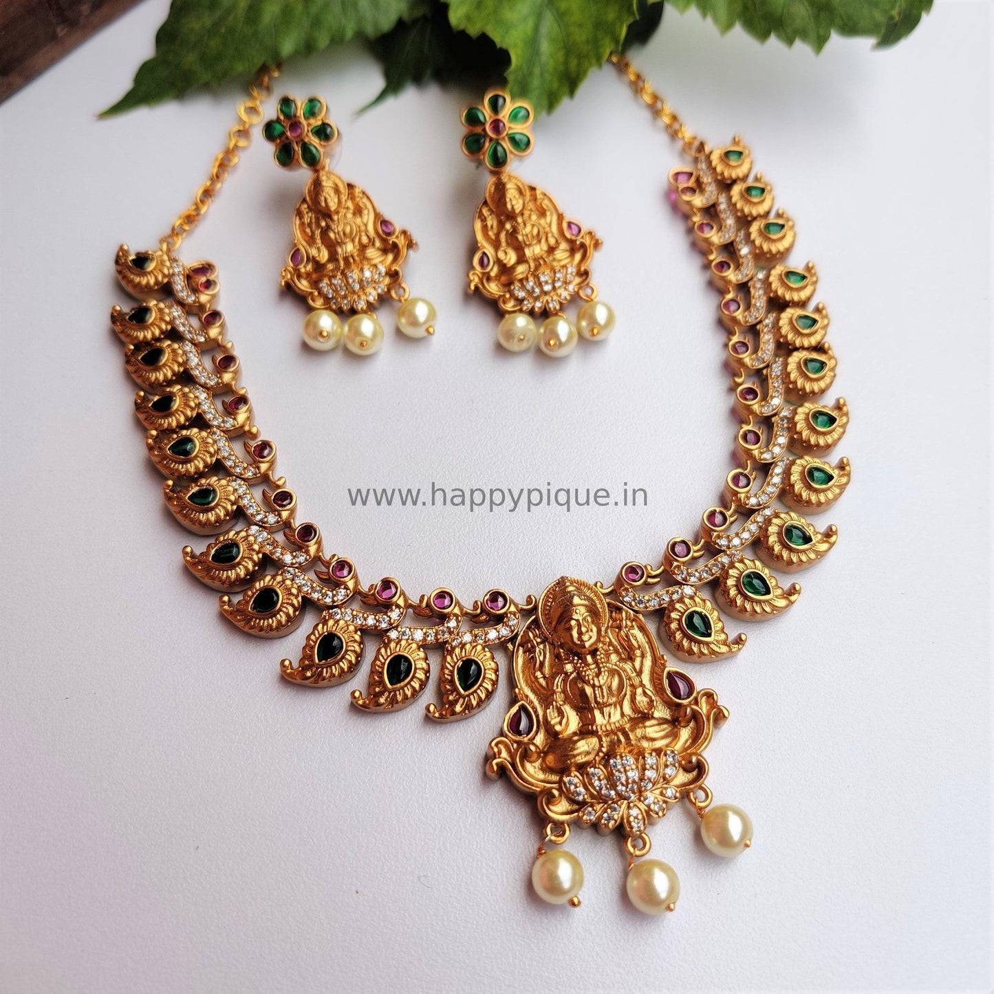 Antique Gold AD Kemp Mahalakshmi Necklace Set- Happy Pique 