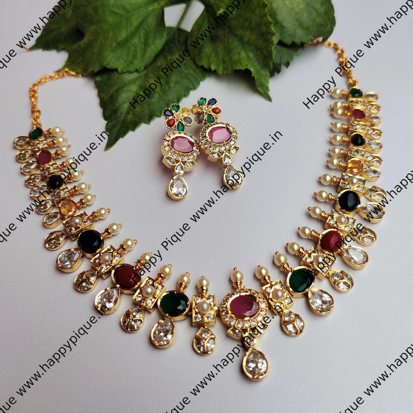 Premium Gold Finish Navaratna Necklace