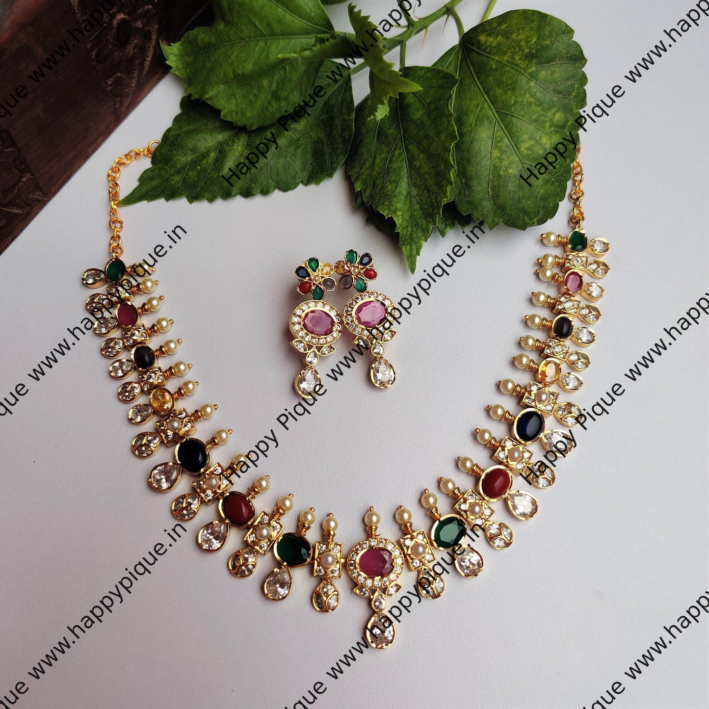 Premium Gold Finish Navaratna Necklace