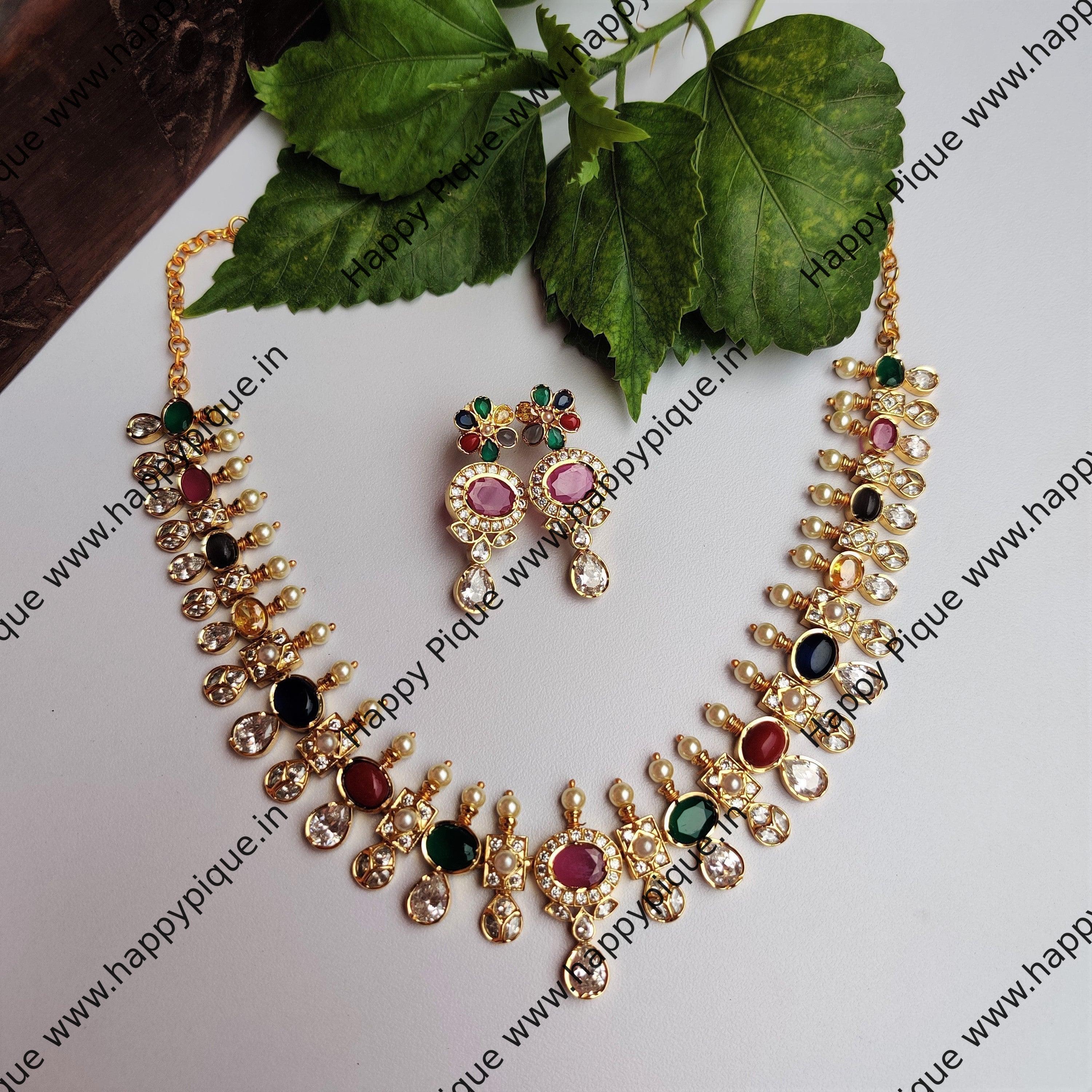 Premium Gold Finish Navaratna Necklace