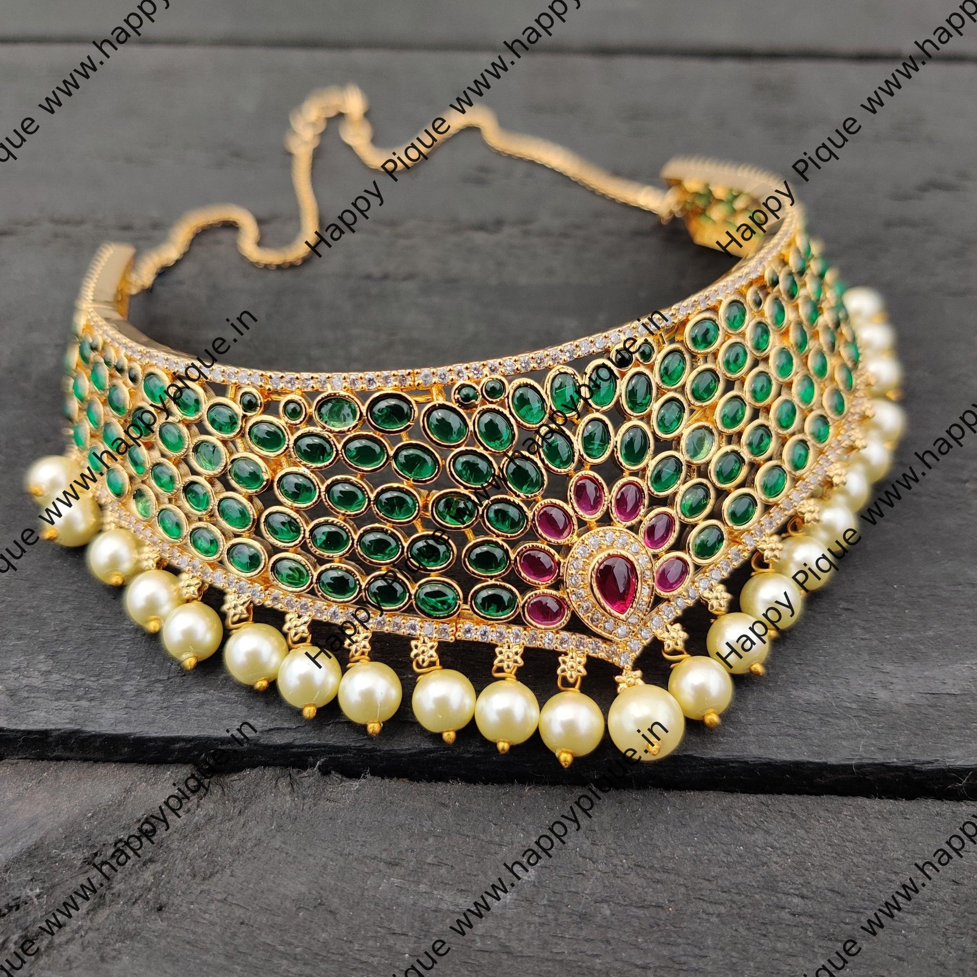 Real Kemp Micro Gold Polished AD Bridal Choker Necklace Set - Green & Rani