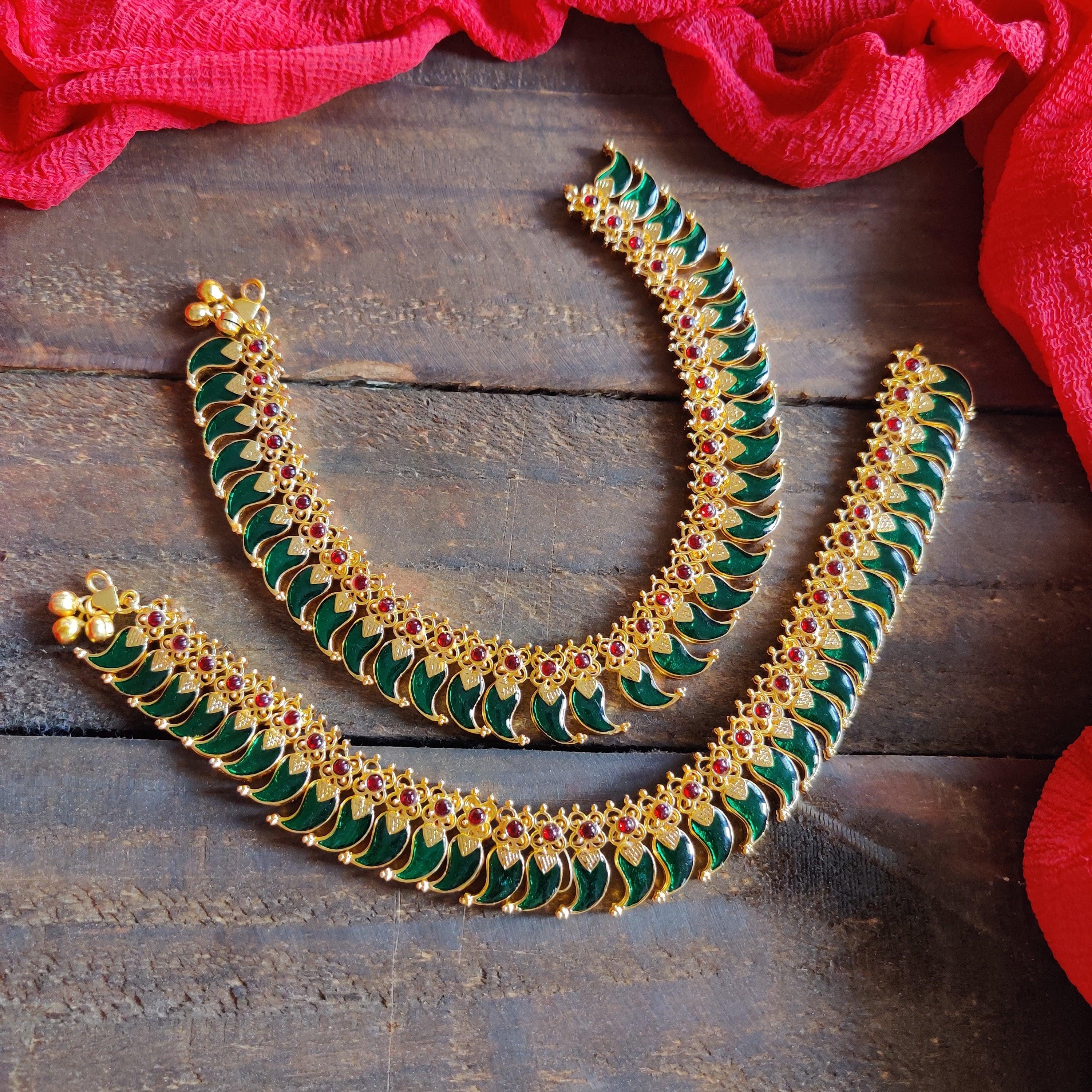 Antique Gold Palakka Anklets - Green & Red - Happy Pique 