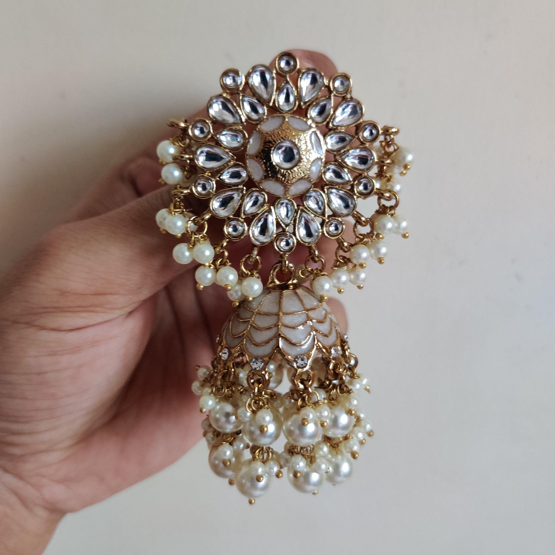 Kundan flower meenakari bollywood style festive pearl jhumkas - Ivory - Happy Pique 