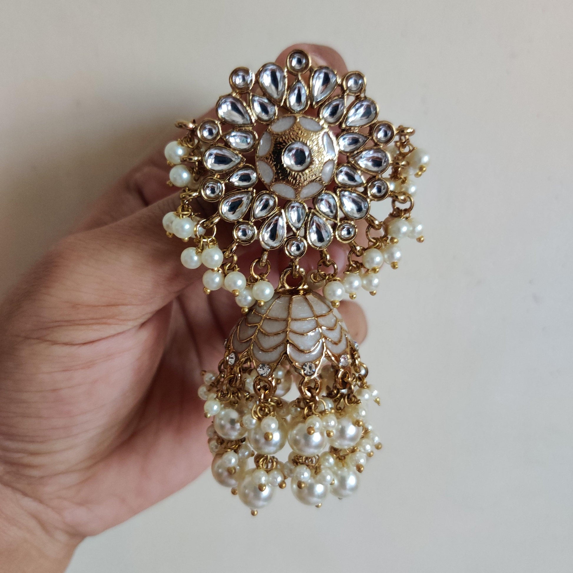 Kundan flower meenakari bollywood style festive pearl jhumkas - Ivory - Happy Pique 