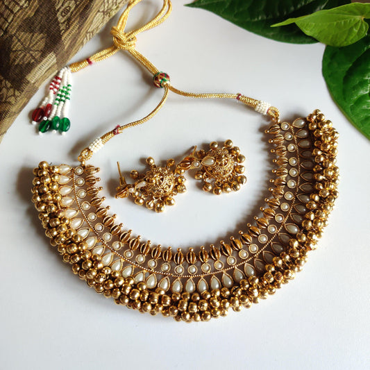 Antique Gold Ghungroo Necklace Set - Pearl - Happy Pique 