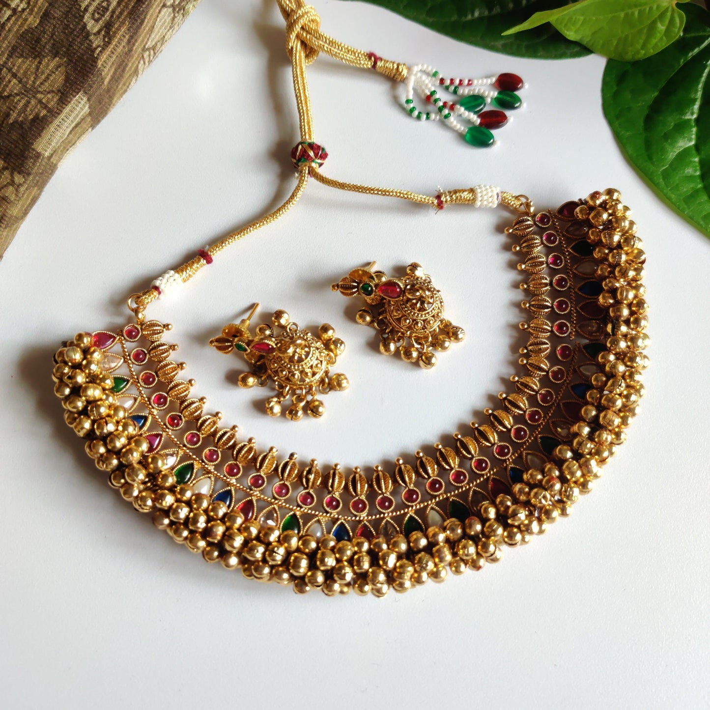 Antique Gold Ghungroo Necklace - Navarathna - Happy Pique 