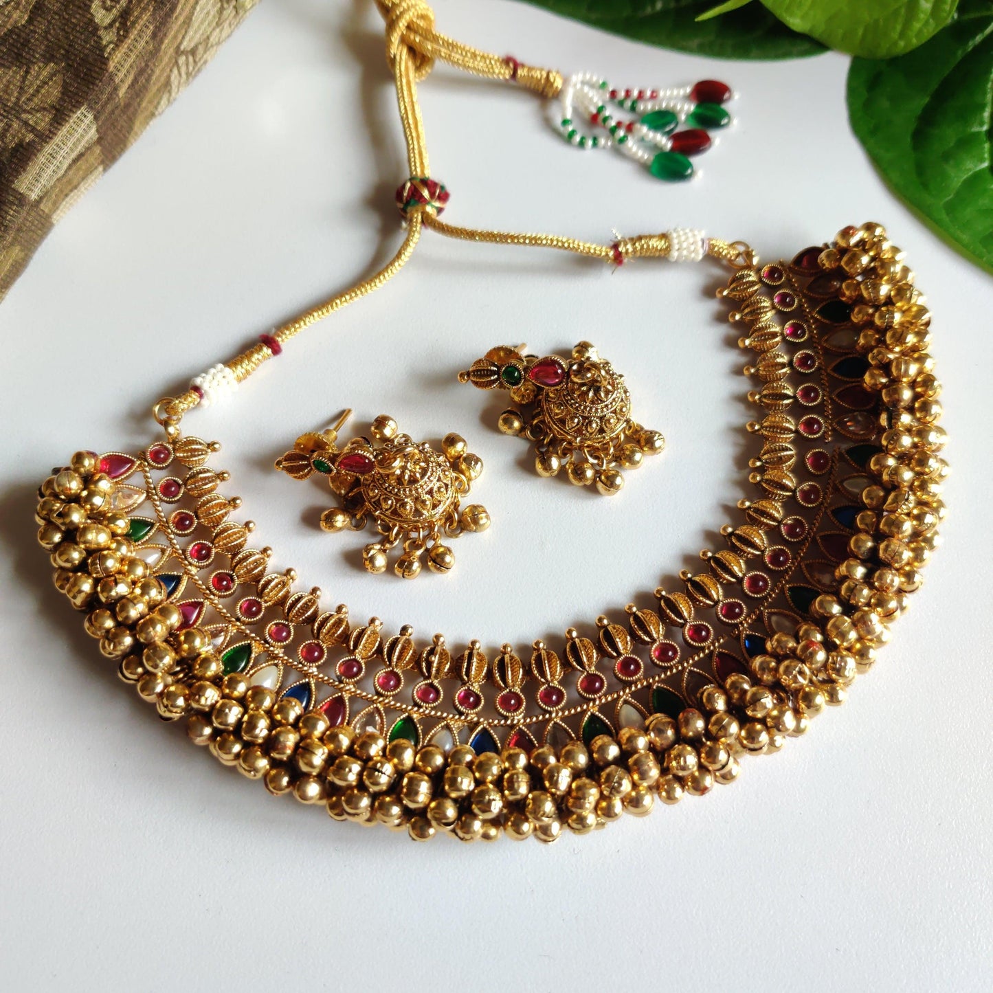 Antique Gold Ghungroo Necklace - Navarathna - Happy Pique 