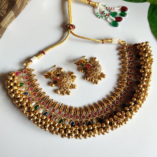 Antique Gold Ghungroo Necklace - Navarathna - Happy Pique 