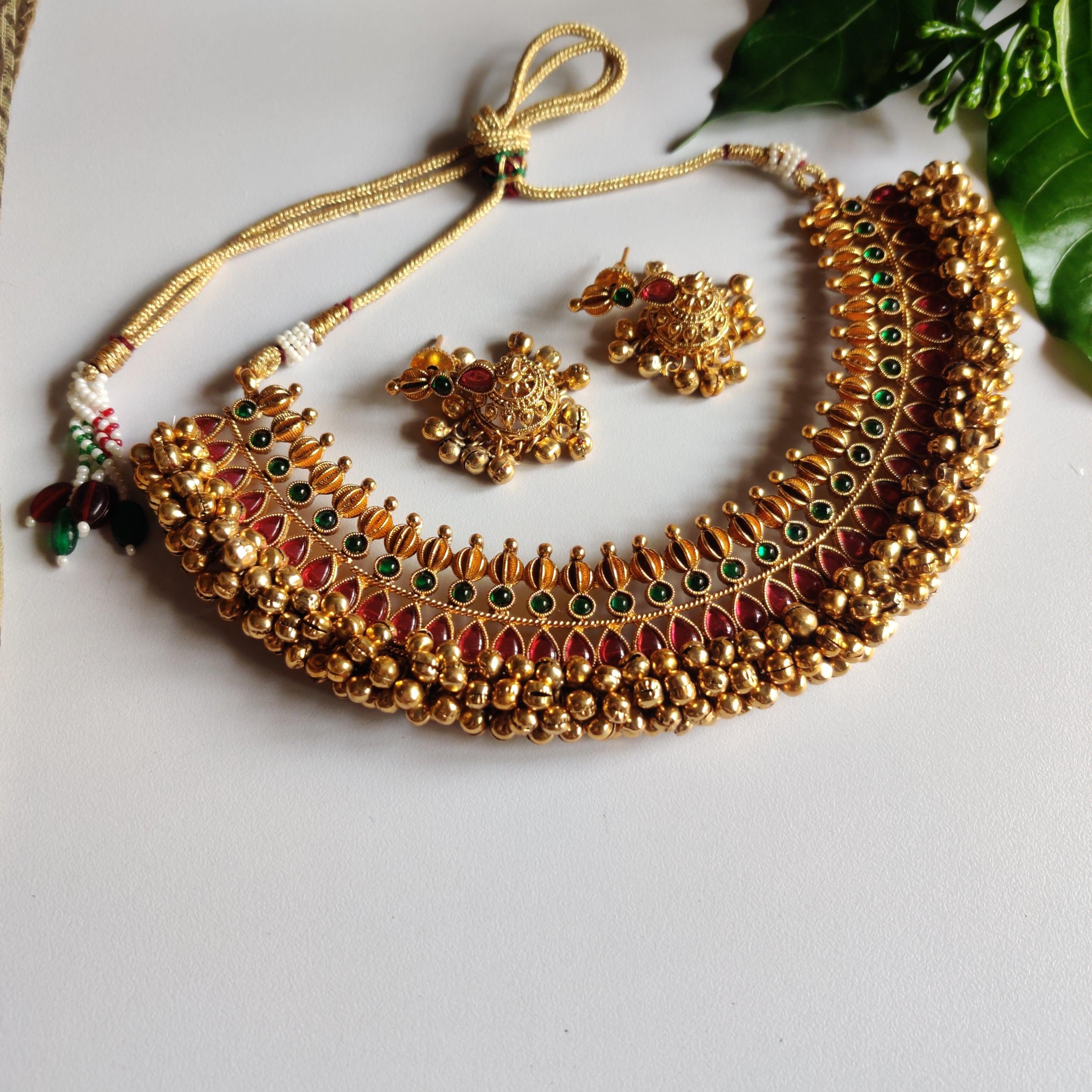 Antique Gold Ghungroo Necklace - Red & Green - Happy Pique 