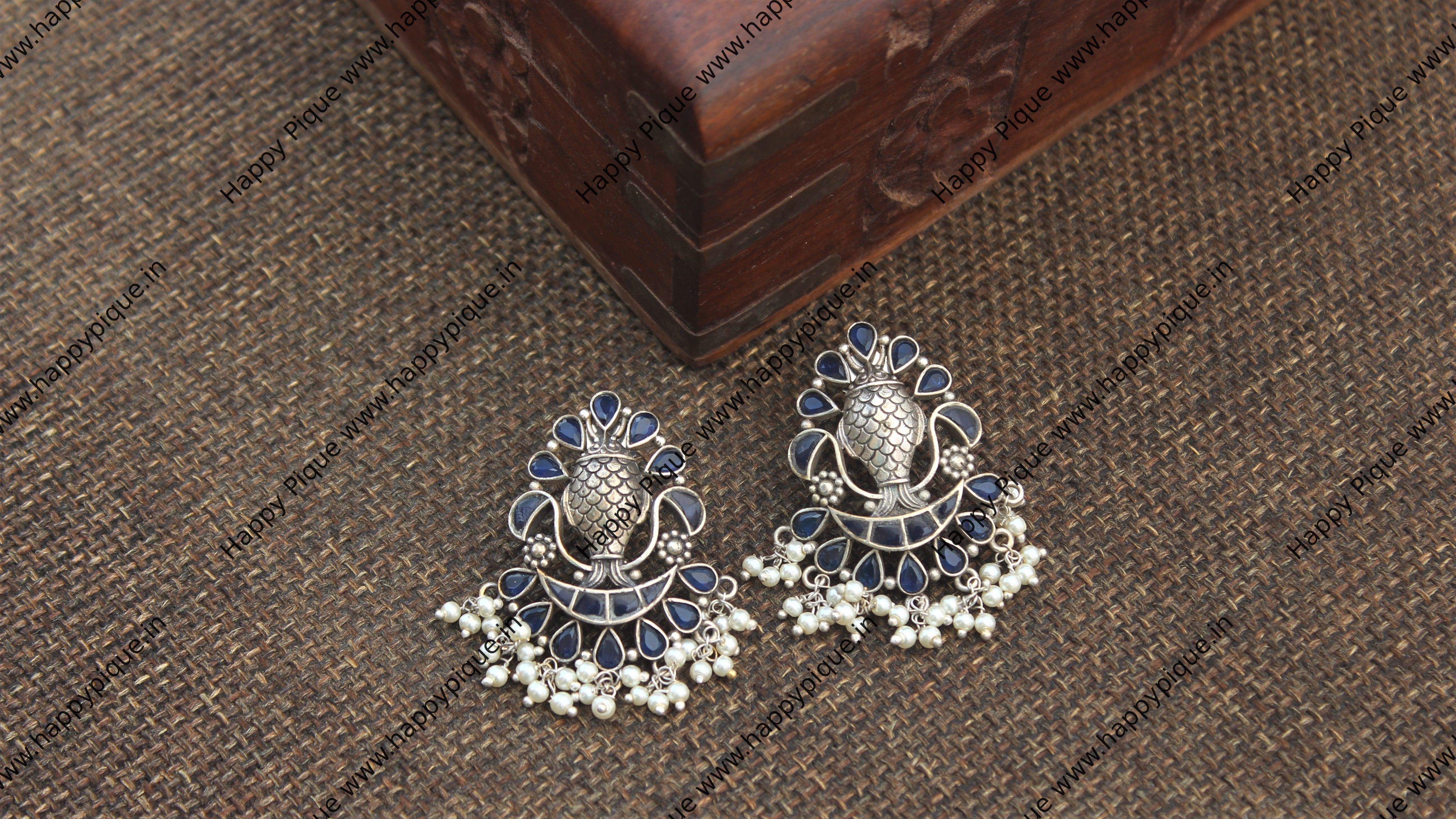 Premium Silver Look Alike Designer Machli Earrings - Dark Blue