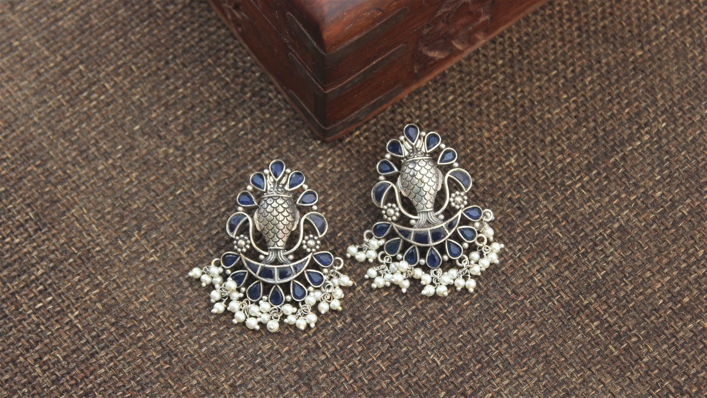 Premium Silver Look Alike Designer Machli Earrings - Dark Blue