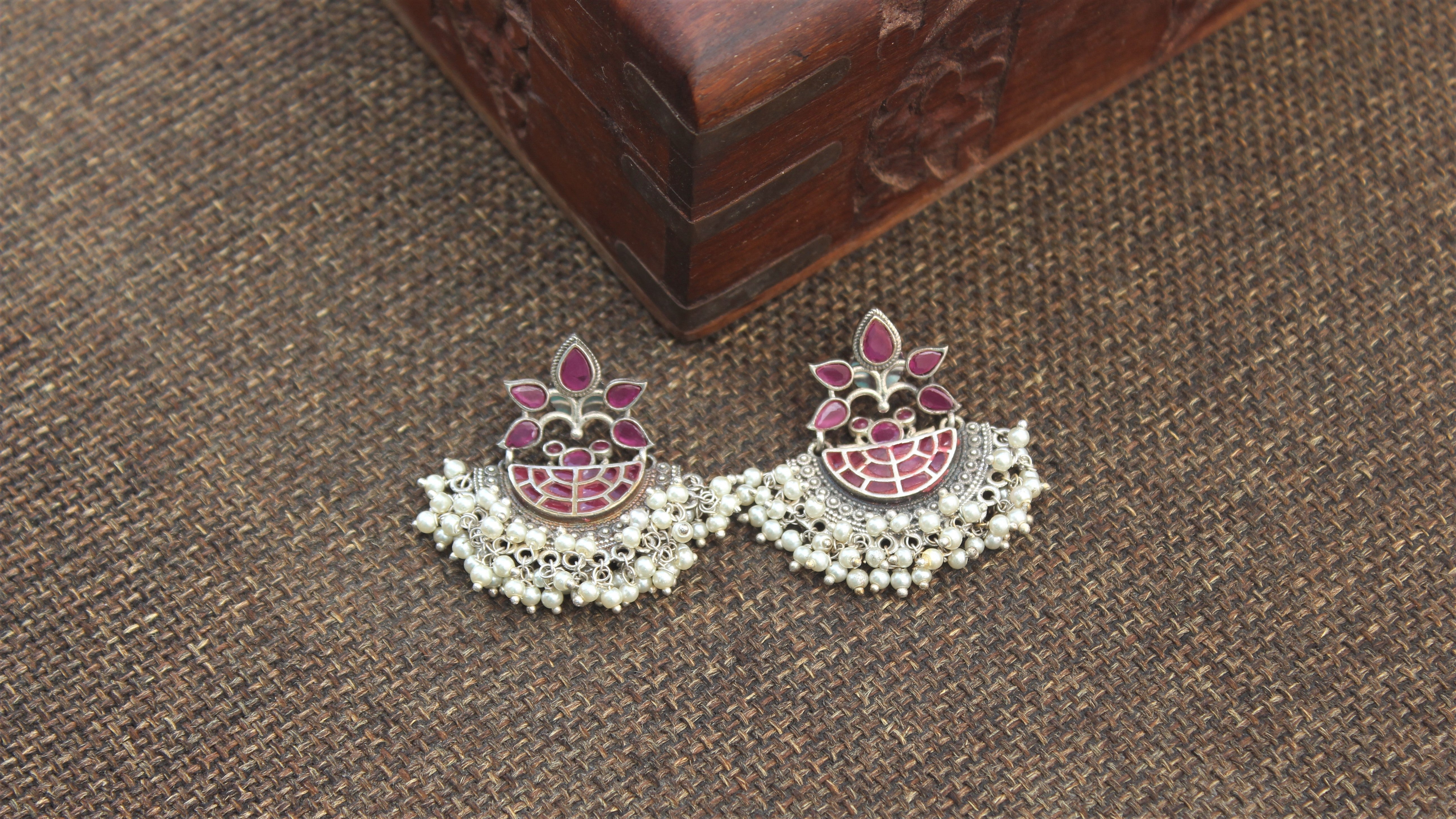 Premium Silver Look Alike Designer Baali Earrings - Rani Red