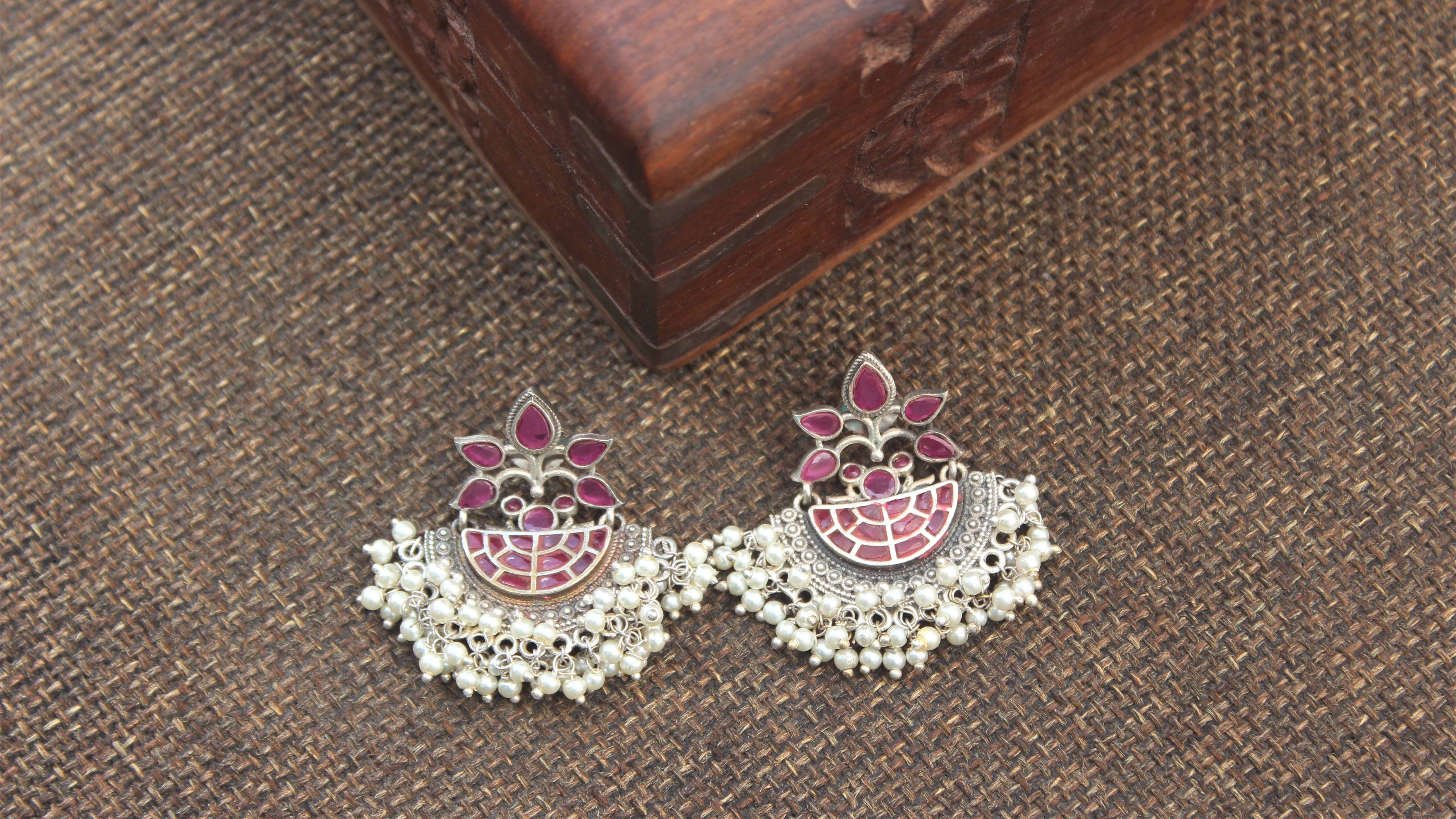 Premium Silver Look Alike Designer Baali Earrings - Rani Red