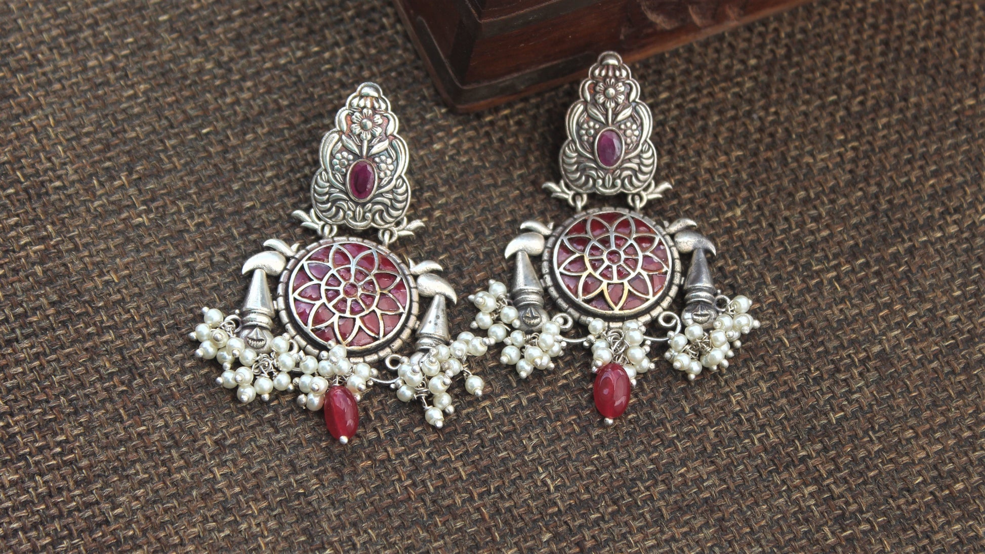 Premium Silver Look Alike Designer Long Chakra Earrings - Rani Red