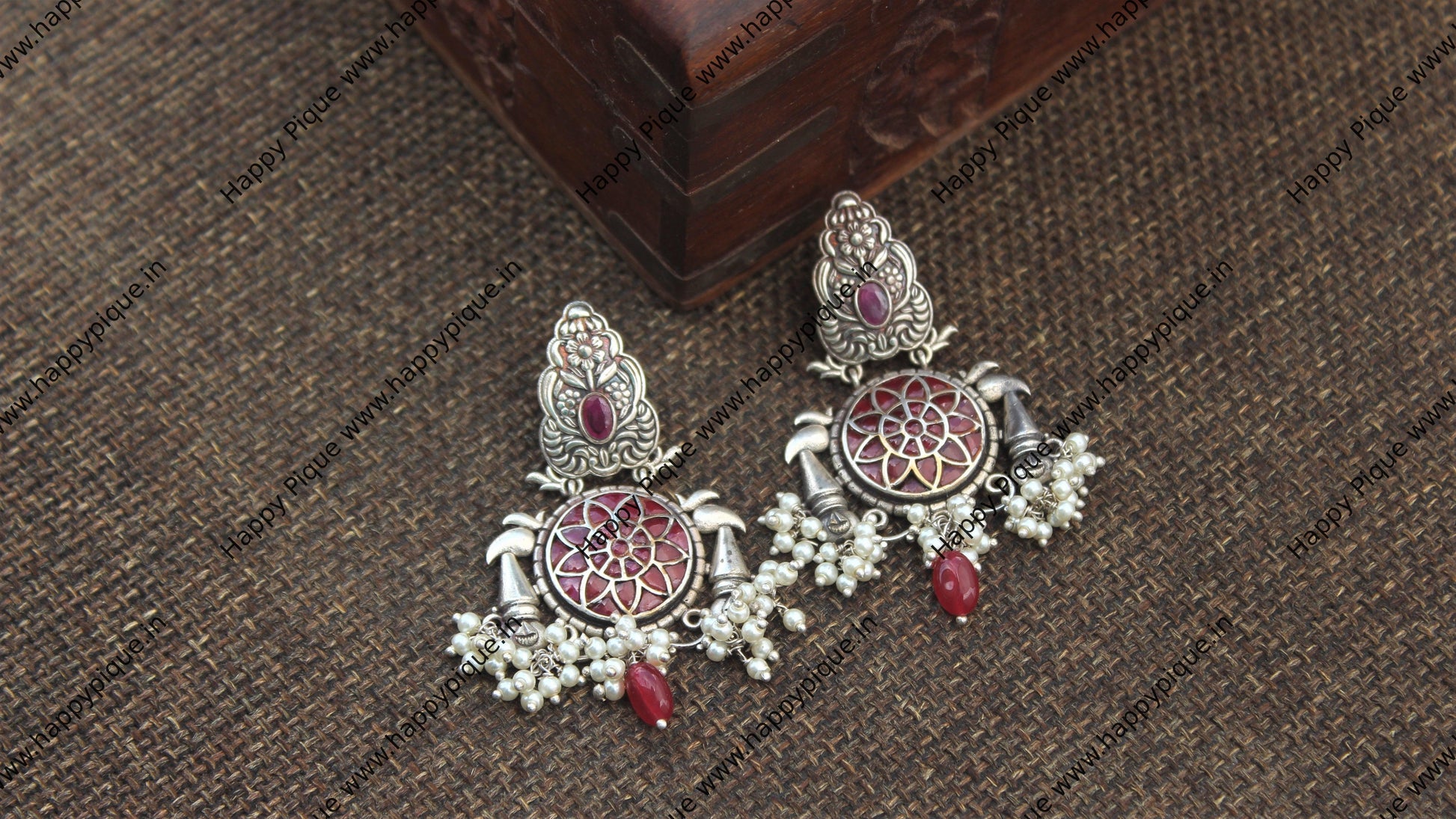Premium Silver Look Alike Designer Long Chakra Earrings - Rani Red