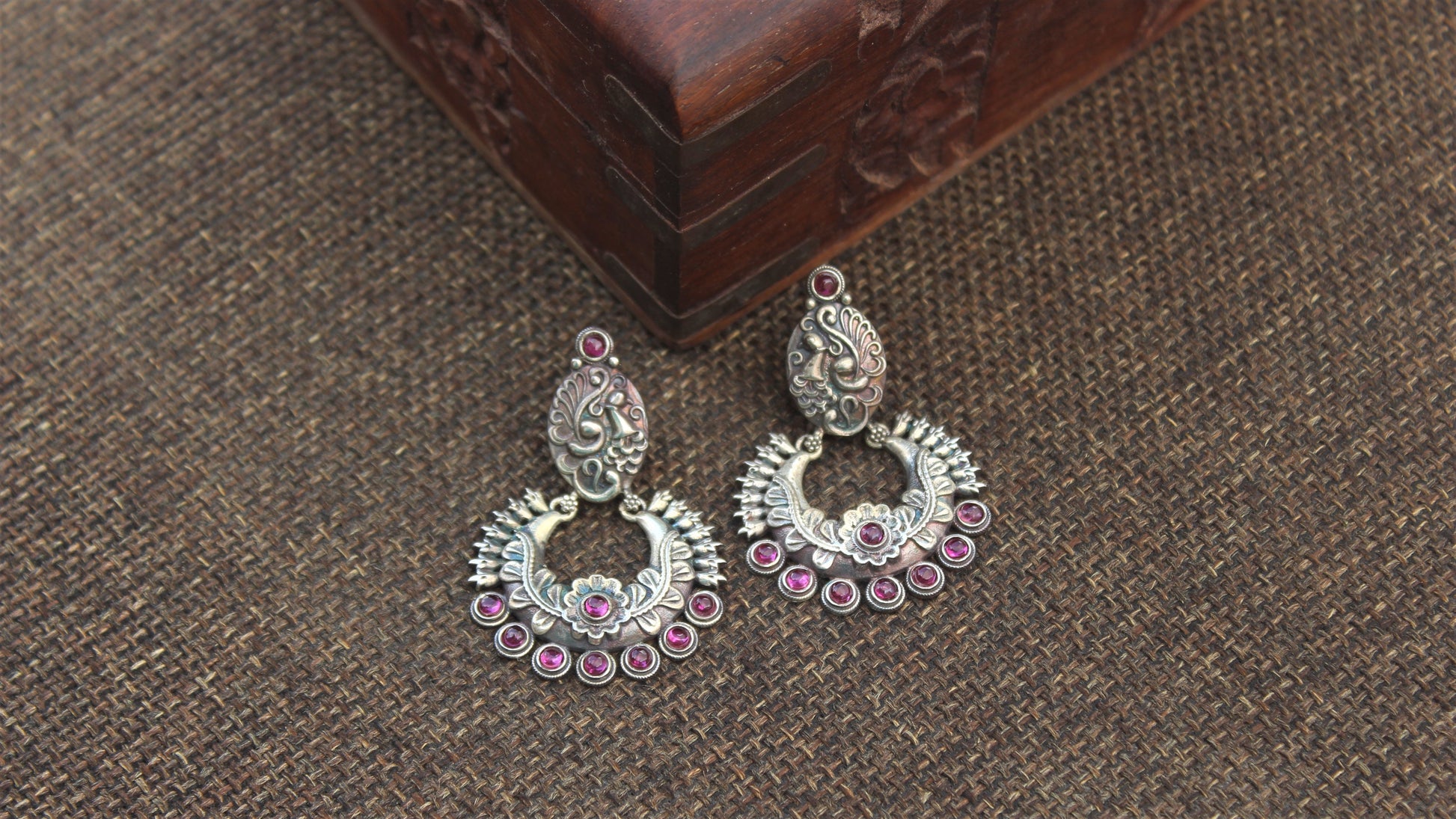 Premium Silver Look Alike Precious Kemp Stones Studded Designer Chand Bali Earrings