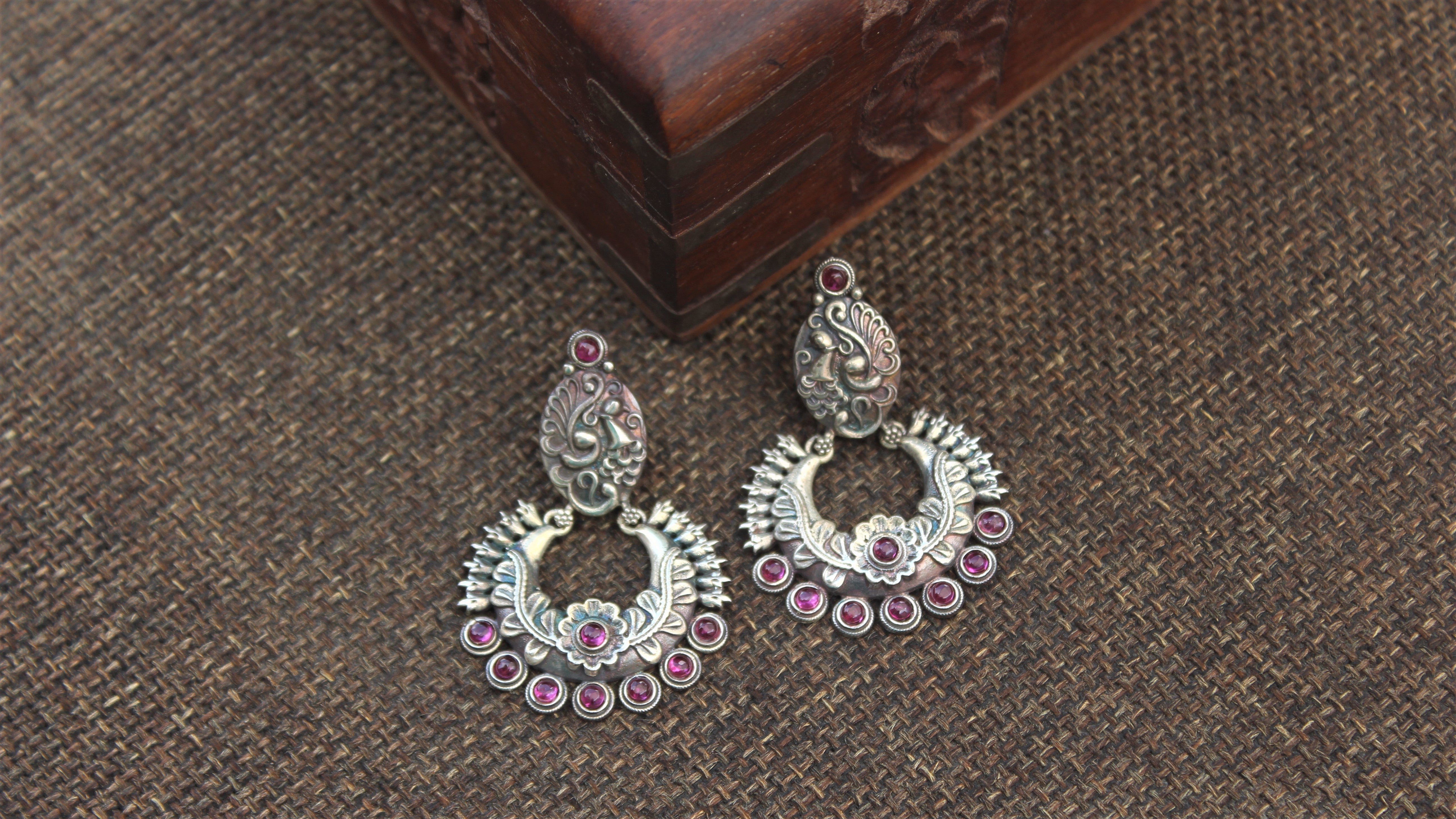 Premium Silver Look Alike Precious Kemp Stones Studded Designer Chand Bali Earrings