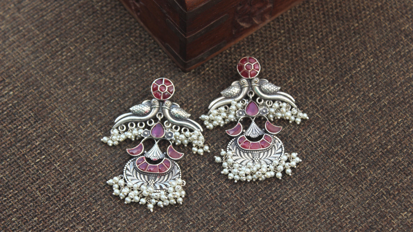 Premium Silver Look Alike Parrots Designer Earrings - Rani Red