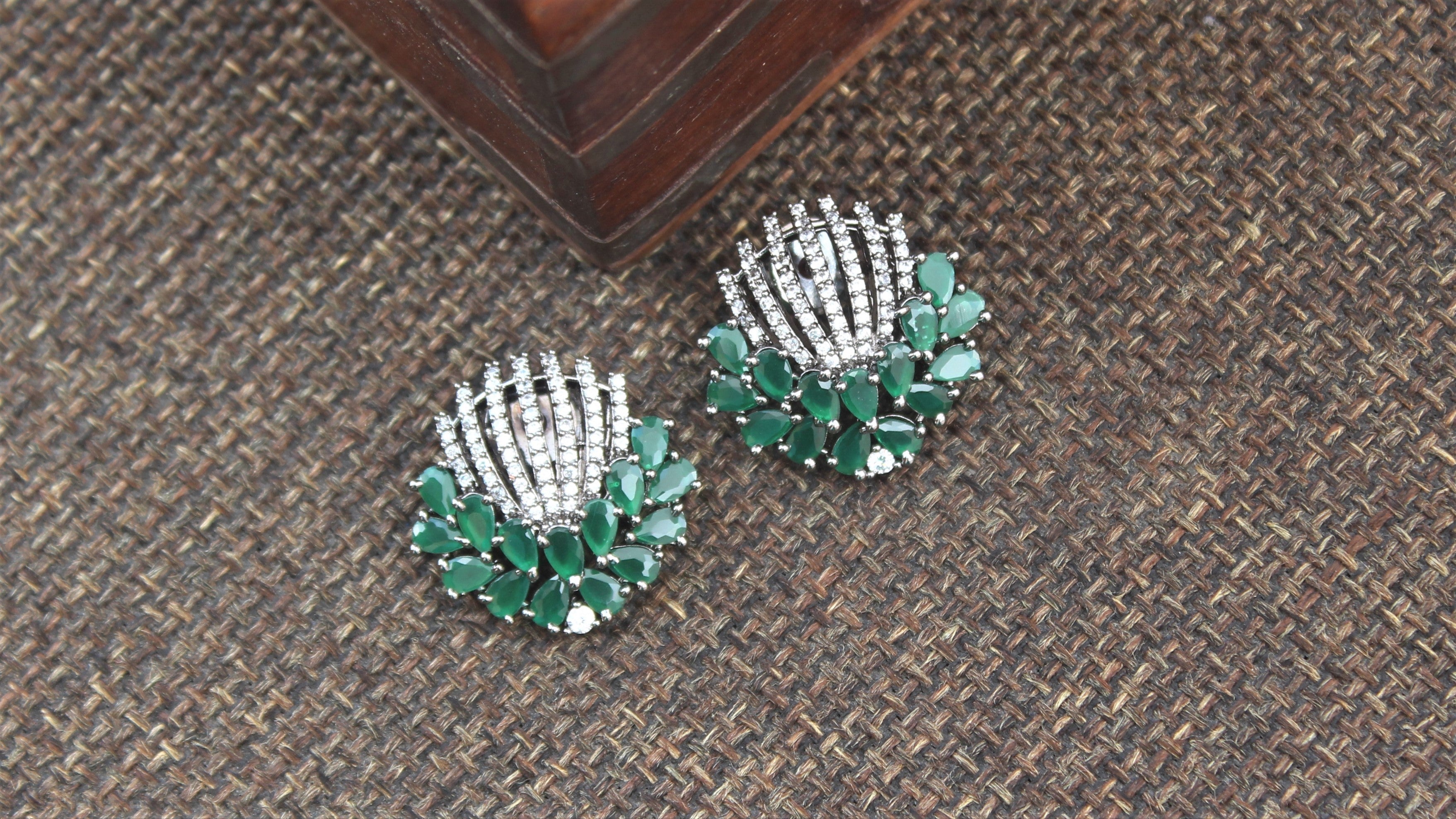 Premium AD Stones Studded Lotus Studs - White & Green