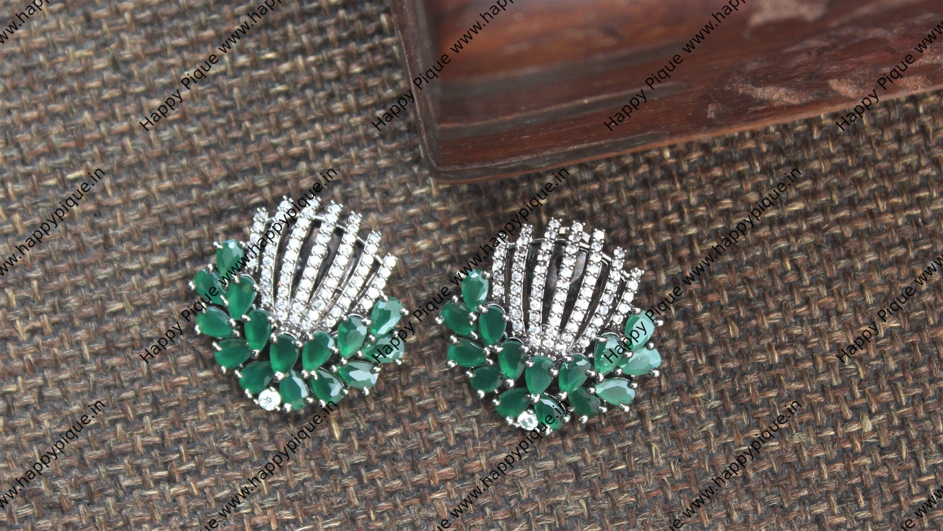 Premium AD Stones Studded Lotus Studs - White & Green