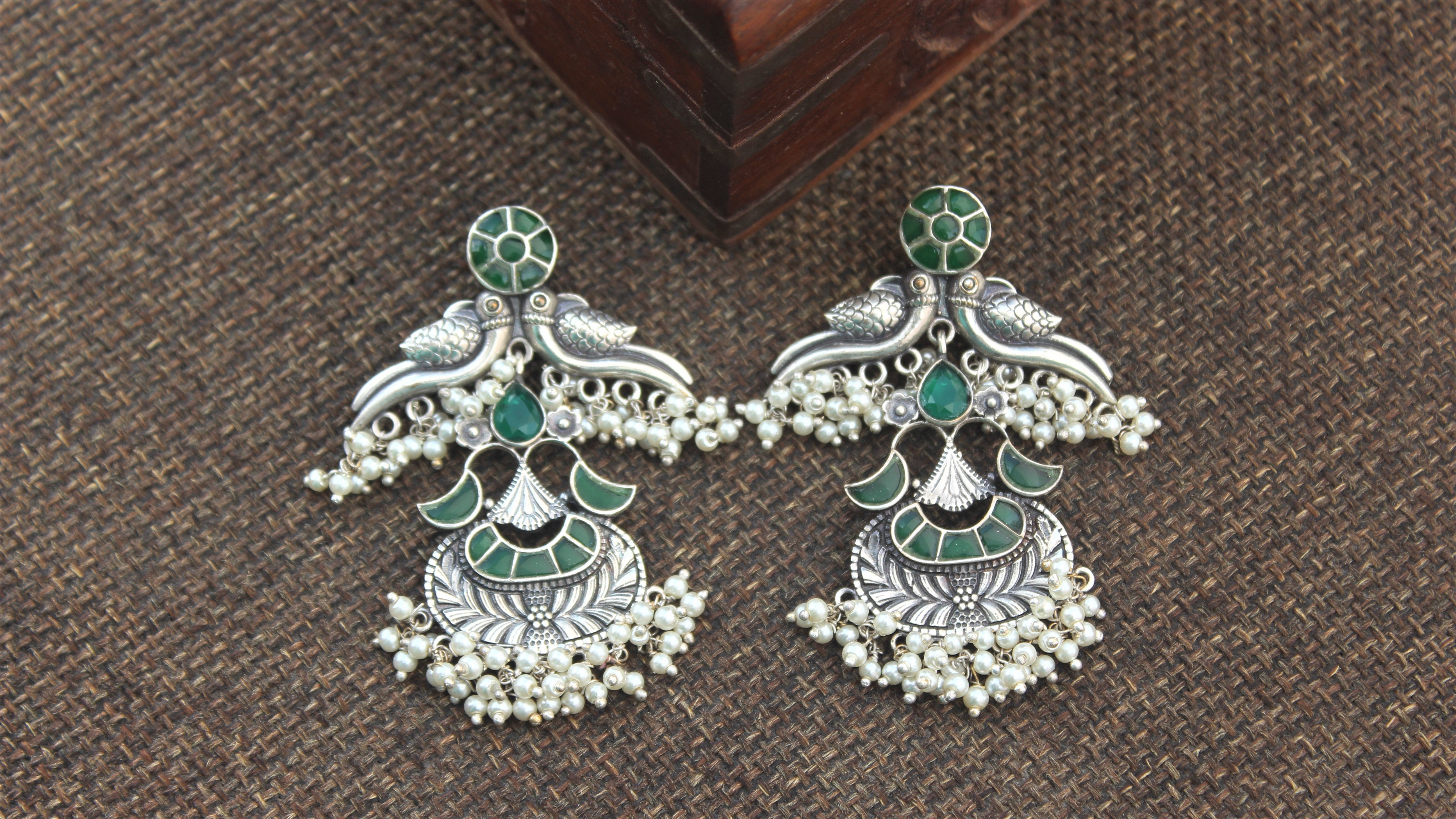 Premium Silver Look Alike Parrots Designer Earrings - Dark Green