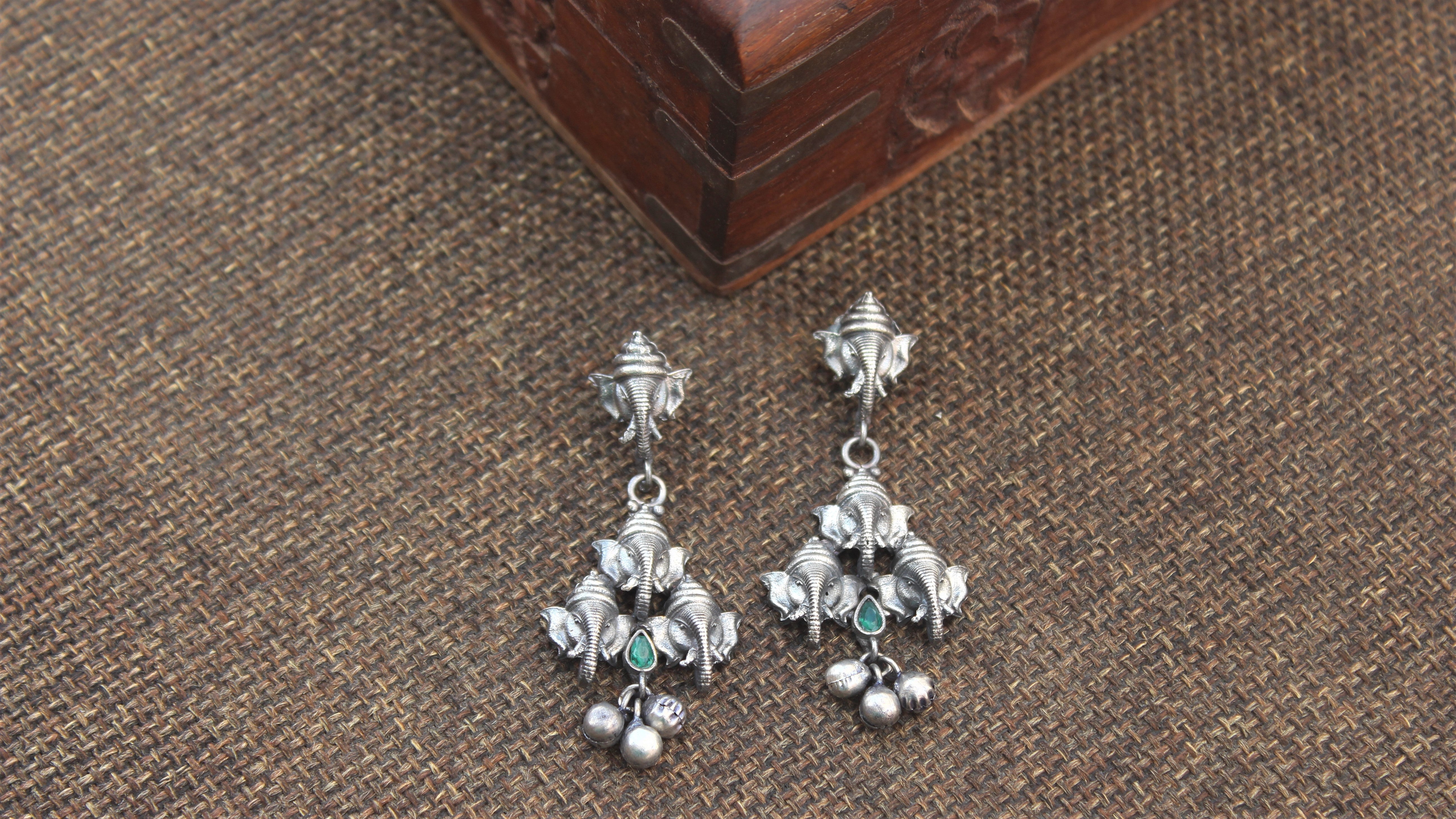 Premium Silver Look Alike Ganesh Ji Ghungroo Drops - Green