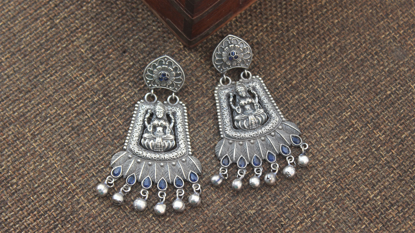 Premium Silver Look Alike Long Mahalakshmi Mandap Ghungroo Drops Earrings